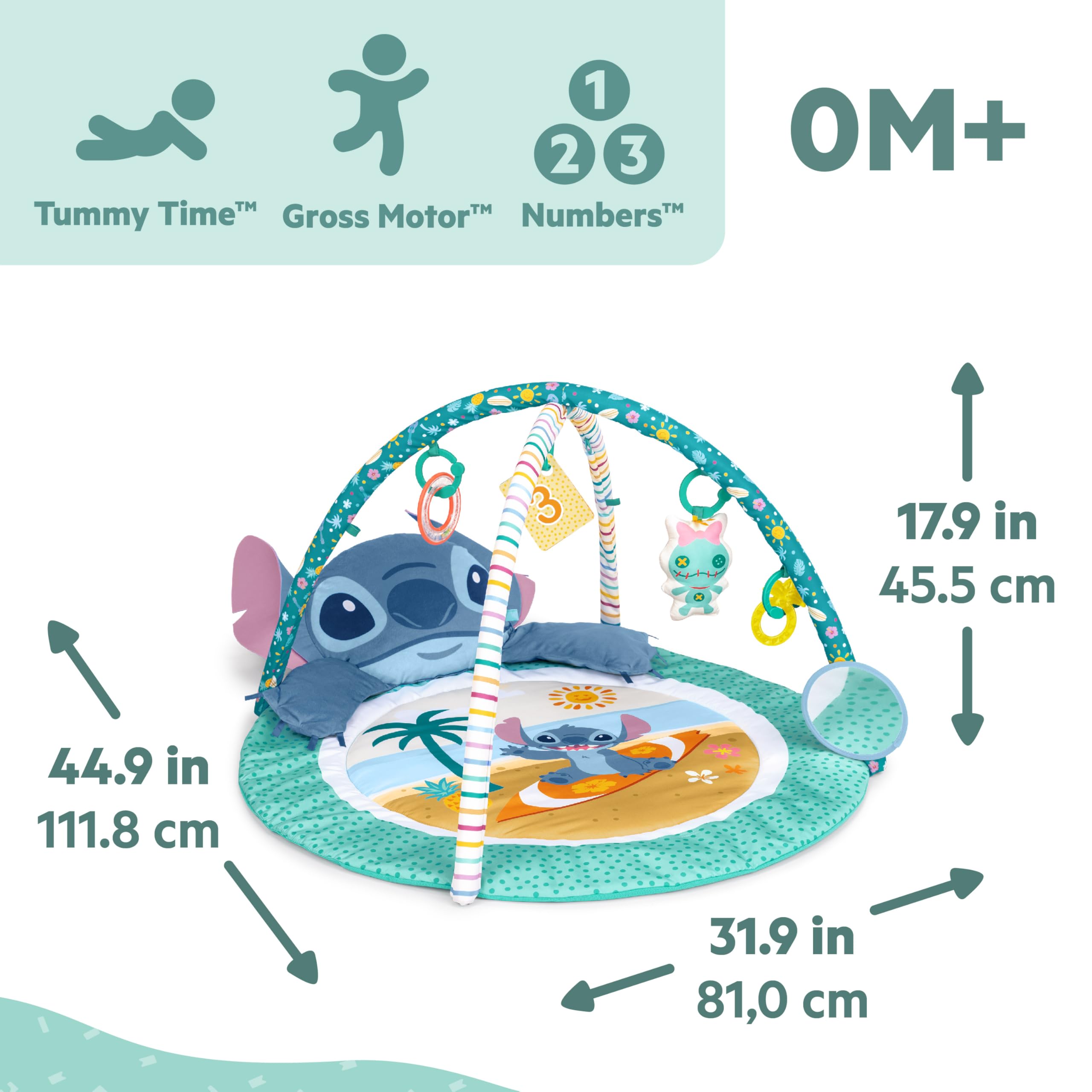 Bright Starts Disney Baby Stitch Party in Paradise - Palestrina multiattività con cuscino per tummy time e 5 giochi portatili, 0+ mesi