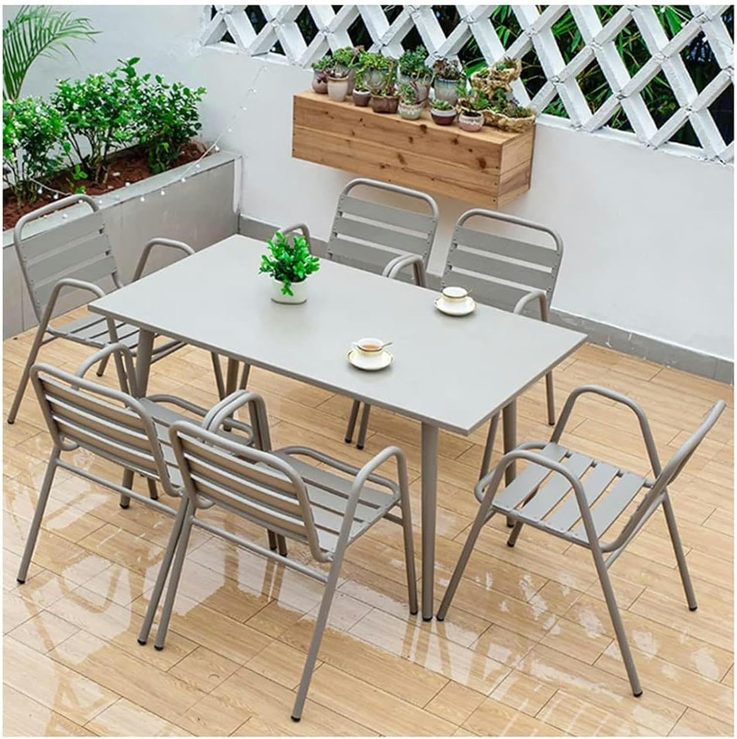 Patio Dining Set 7-Pack Terrastafel En Stoelen, All-Weather Aluminium Tuintafel, Stoelen Zijn Stapelbaar Voor Opslag