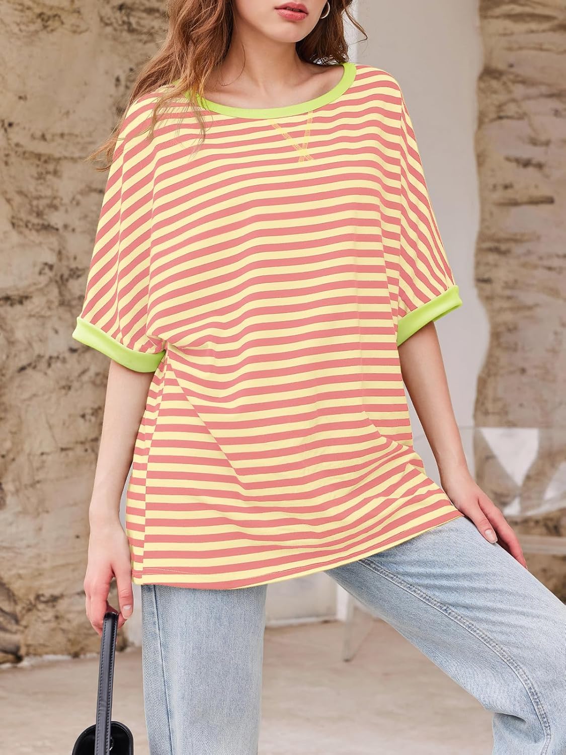 Tankaneo Womens Oversized Striped Tee Shirt Summer Casual Color Block Half Sleeve Crew Neck Tunic Tops - Image 3