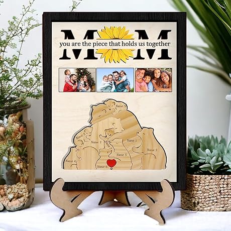 Personalized Family Photo Frame Wooden Plaque, Wooden Family Bear Puzzle