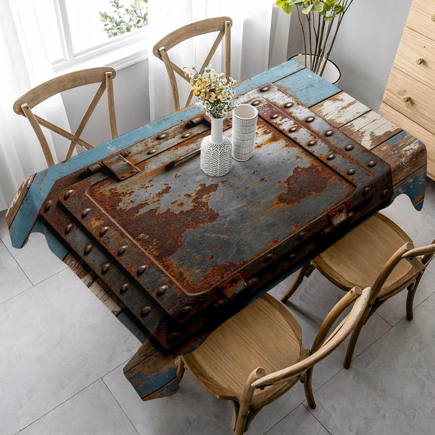 Tovaglia Rettangolare 160x240 cm Stile Industriale Poliestere | Motivo Porta in Metallo Vecchia, Antimacchia, Impermeabile e Lavabile, Copritavolo Adatto per Cucina, Feste