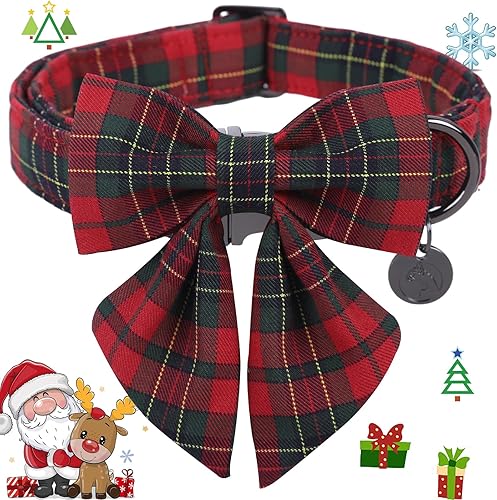 Miniatura 2 de DOGWONG Collar de perro a cuadros rojos con corbatín, lindo collar de algodón para perro, pajarita roja para perro, duradero y suave, para perros