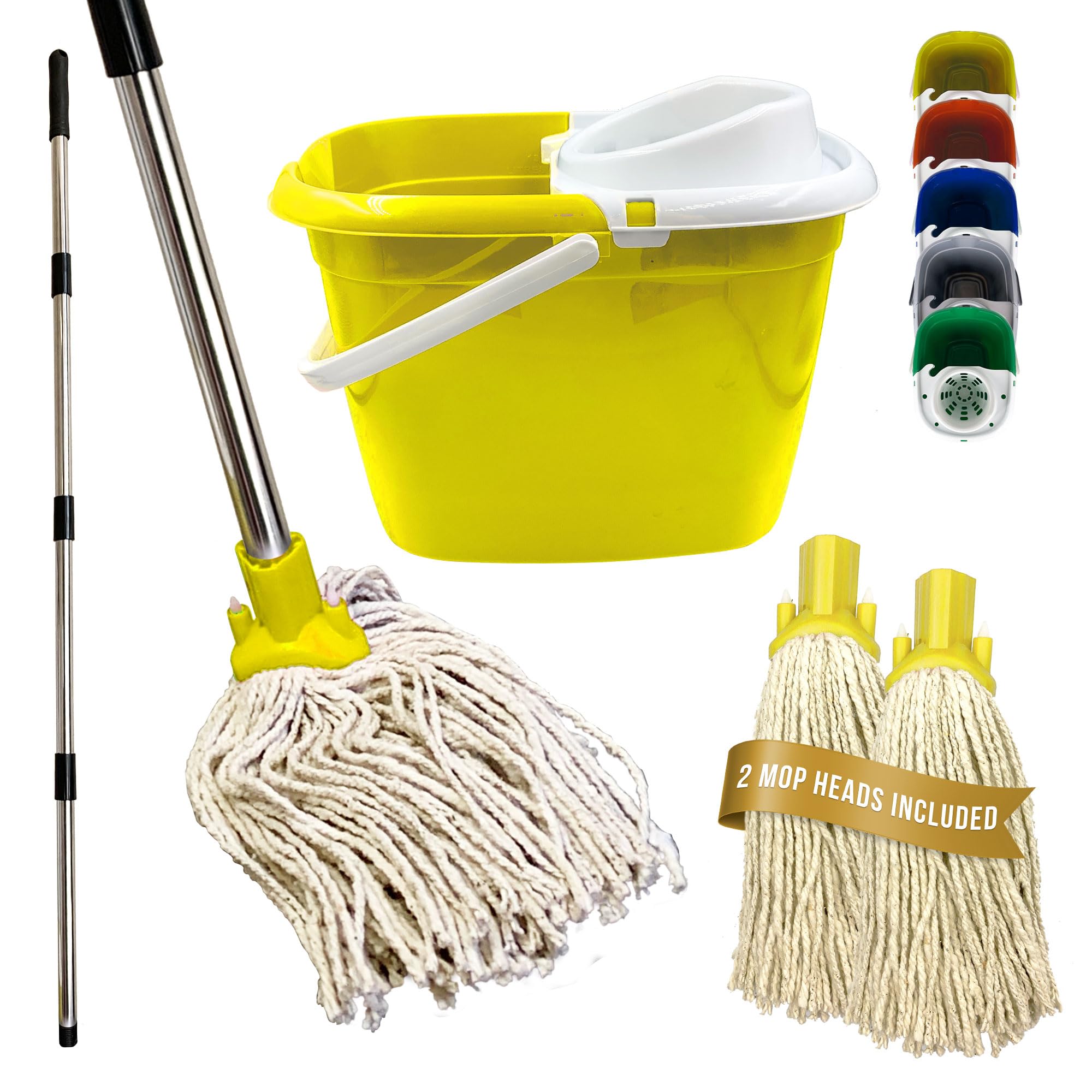 Tdbs The Dustpan And Brush Store Yellow Floor Mop And Bucket Set - 2Pc Mops For Cleaning Floors With Bucket, Pure Yarn Mop Heads And Heavy-Duty Mop Bucket, Industrial Mop And Bucket For Domestic And Commercial Use (Yellow)