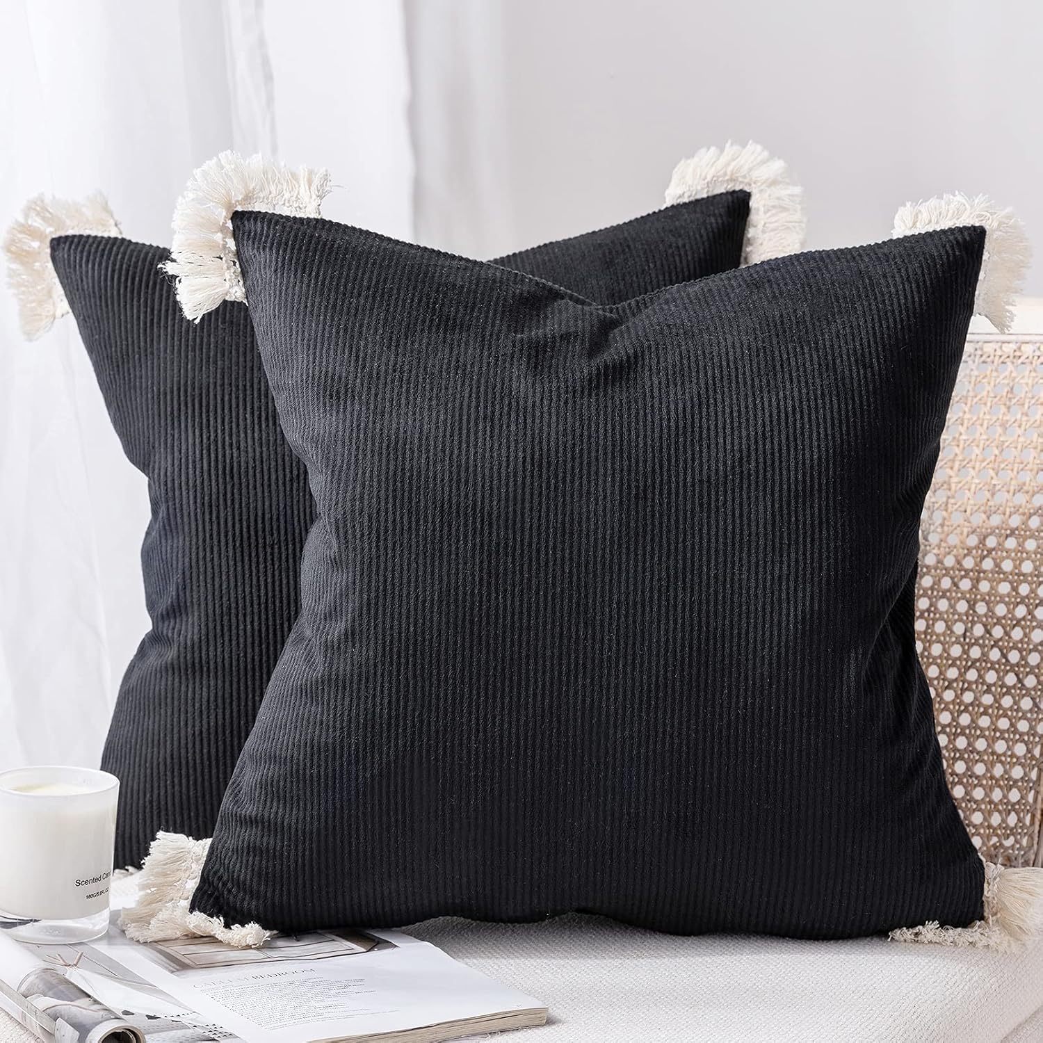 Phantoscope Pack of 2 Corduroy Soft Pillow Covers Decorative Striped Velvet Throw Pillows with Cotton Tassels Ultra Solid Cushion Covers Pillowcases, Black 18 x 18 Inches