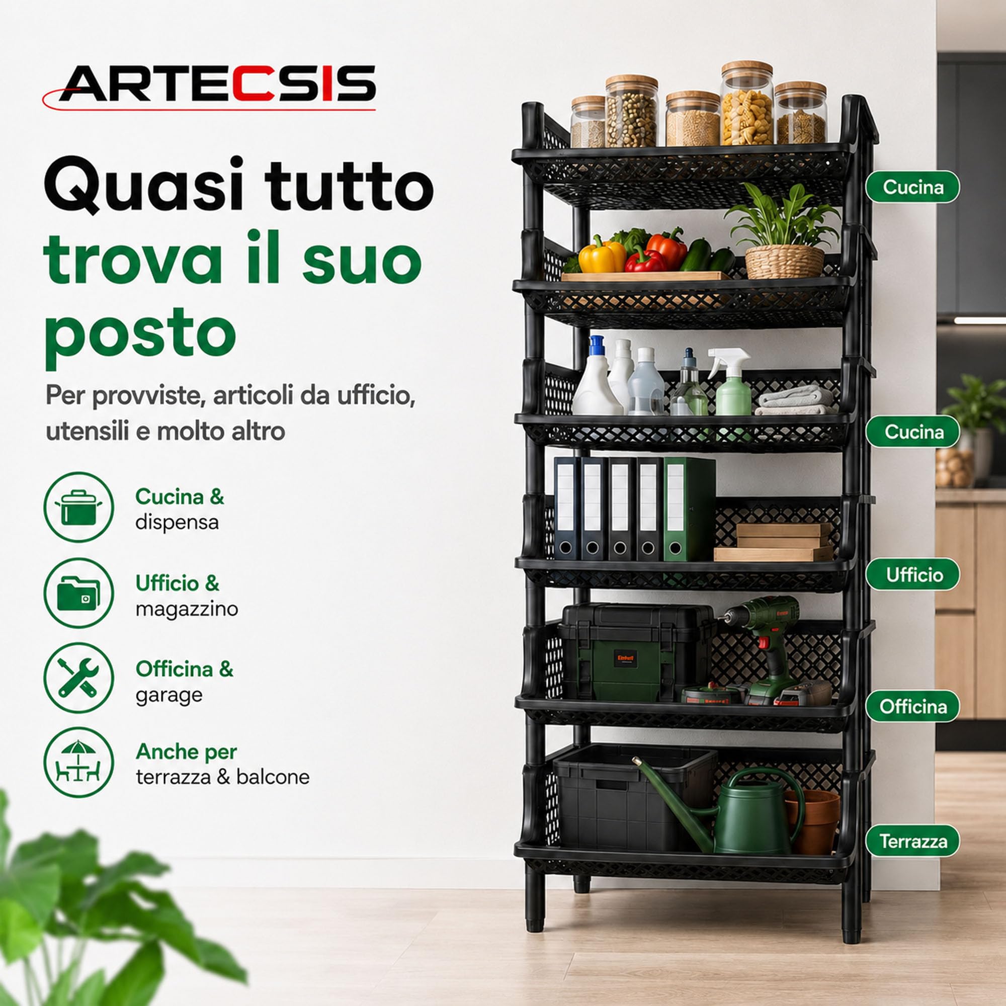 ARTECSIS Scaffale in plastica a 6 livelli 120x50x40cm, nero/max 10Kg/caso
