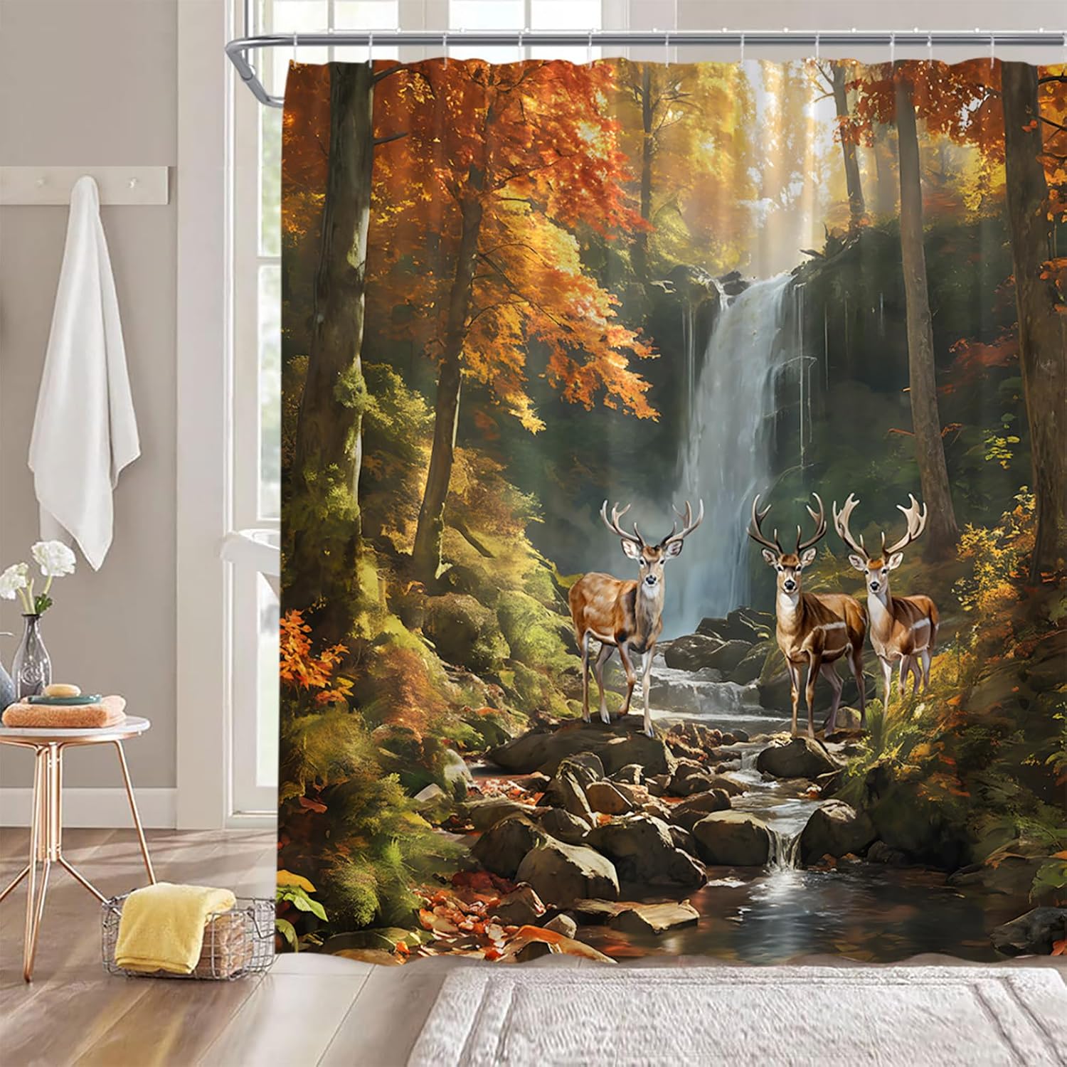 Forest Deer Shower Curtain Waterfall Moose Tree Animal Fall Nature Scenery Cabin Rustic Orange Yellow Extra Long Bathroom Decor Curtain with Hooks,70" Wx78 H