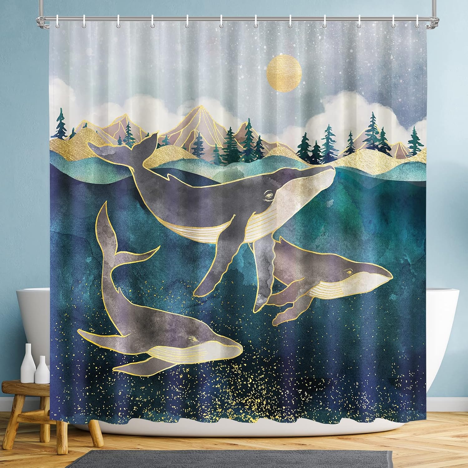 Blue Shower Curtain,Teal Shower Curtain,Whale Shower