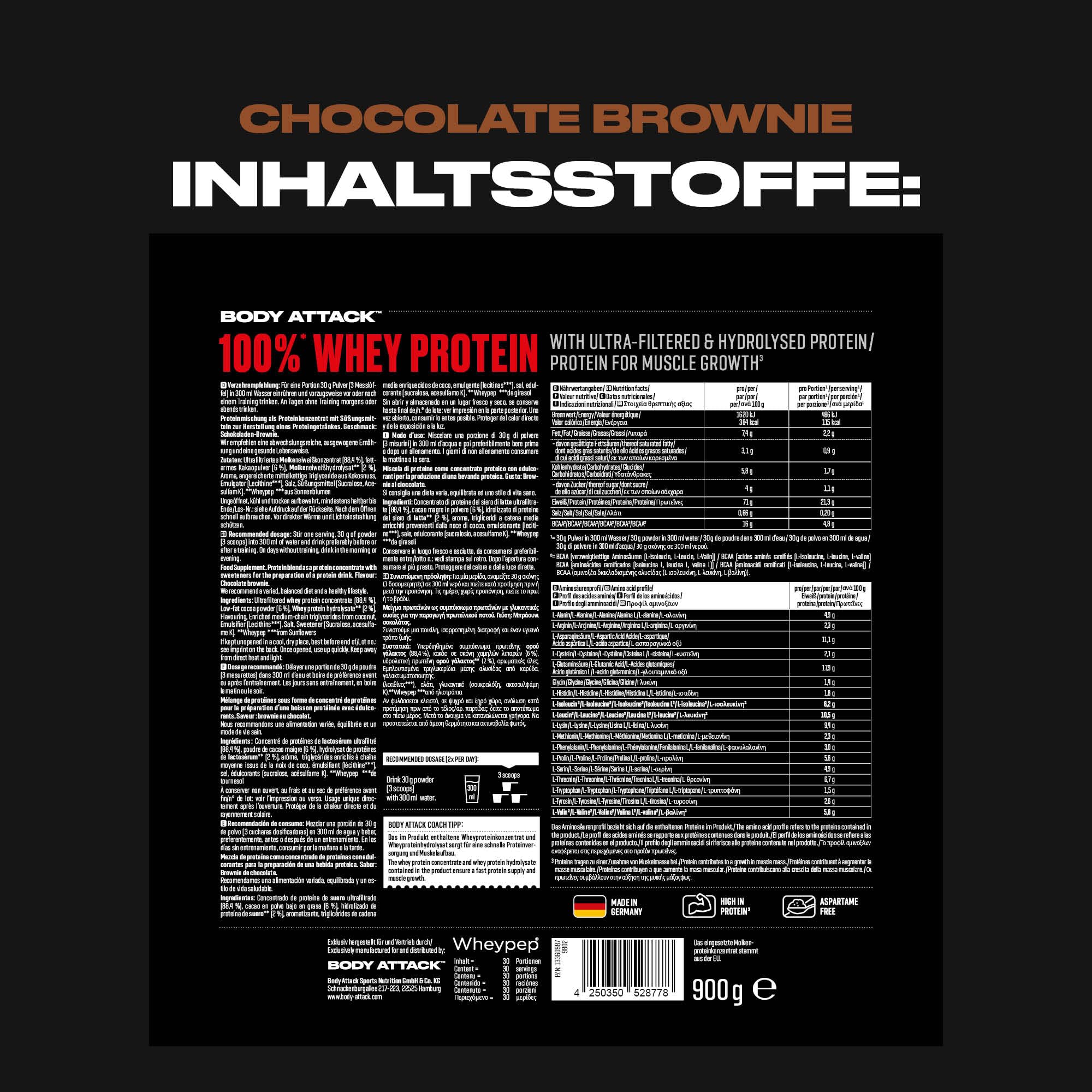Body Attack 100% whey protéine, protéines musculation-protein powder crémeuse avec hydrolysat et BCAA, prise de masse et régimes, pour athlètes et sportifs-Fabriqué en Allemagne-900g Brownie au choc.