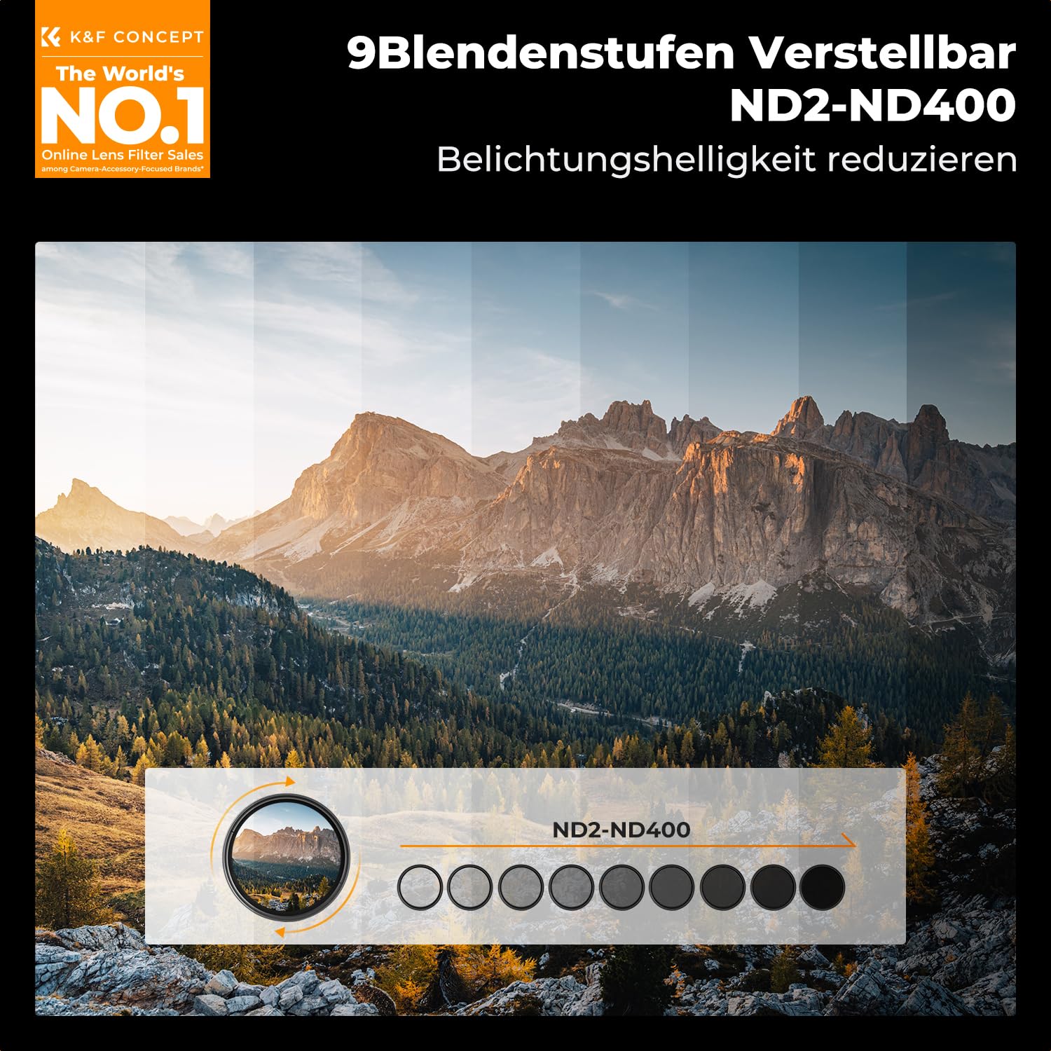K&F CONCEPT 43mm ND Filter Variabler Graufilter ND2-ND400 (1-9 Blendenstufen) mit DREI Reinigungstücher für Landschaftsfotografie（Nano-Basic Serie）