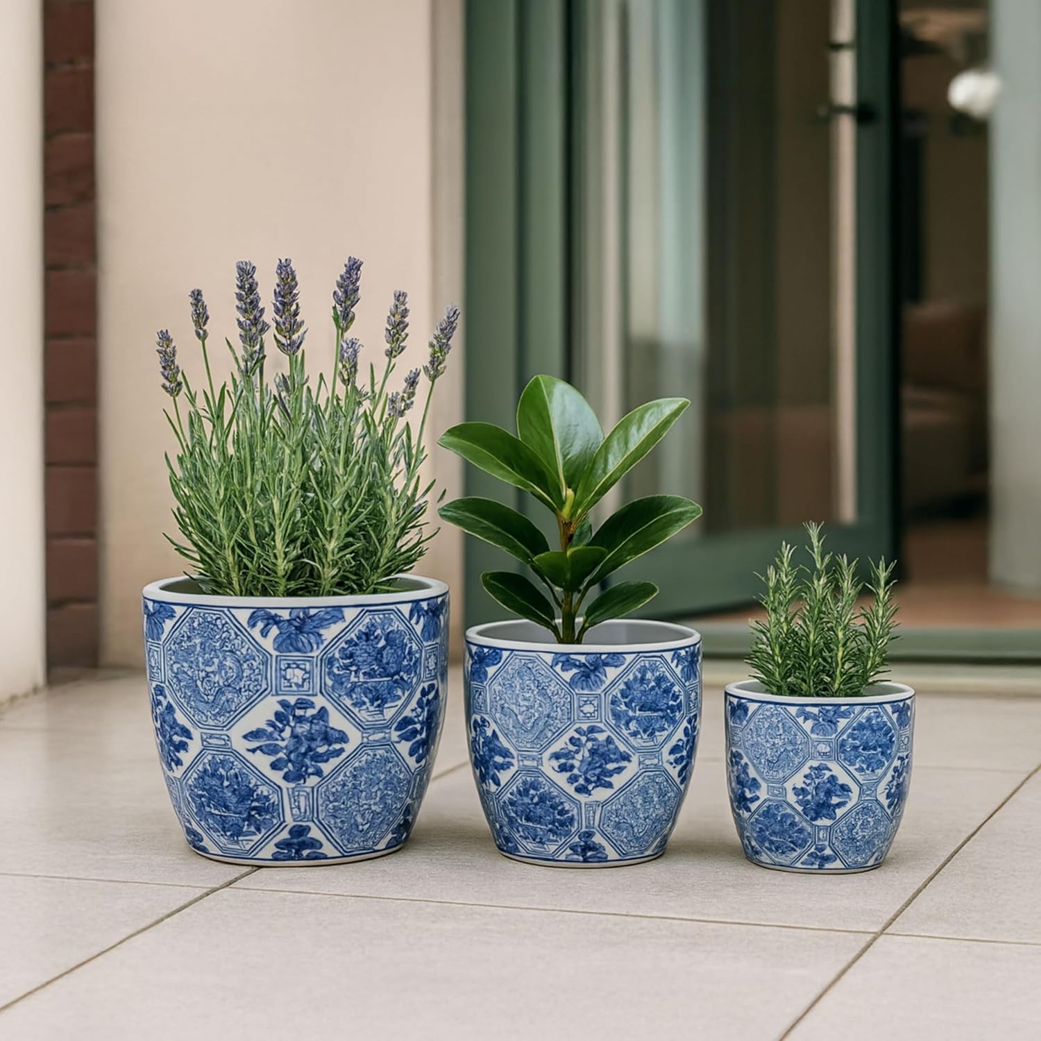 Classic Chinoiserie Ceramic Flower Pots for Home Decor - Scenic Pattern Planters and Pots for Plants - Traditional Planters for Indoor Plants & Covered Outdoor Use - Set of 3, 8", 8", 7", Blue & White