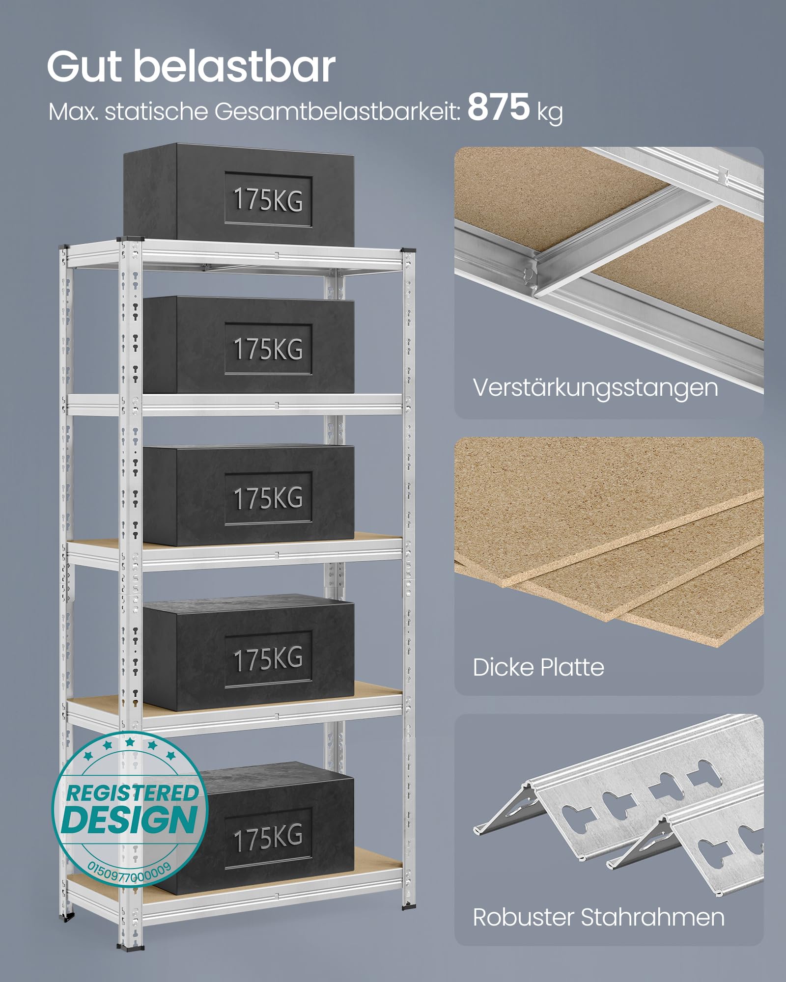SONGMICS Schwerlastregal, 2er Set, Kellerregal, 40 x 90 x 180 cm, bis 875 kg belastbar, einfache Montage, Lagerregal, verstellbare Ablagen, Lagerregal, silbern GLR455E01