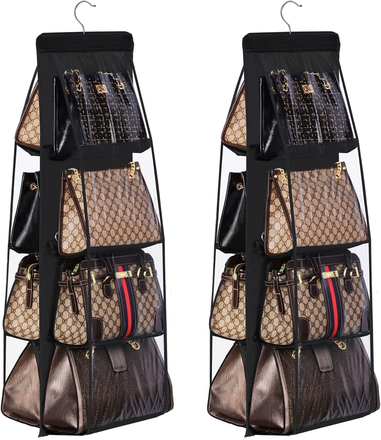 Friza Handbag Hanging Organizer Foldable 8 Pocket Purse Storage Hanger Space Saving Closet for Wardrobe, Clutches, Handbag ((2 Pcs) - Black)