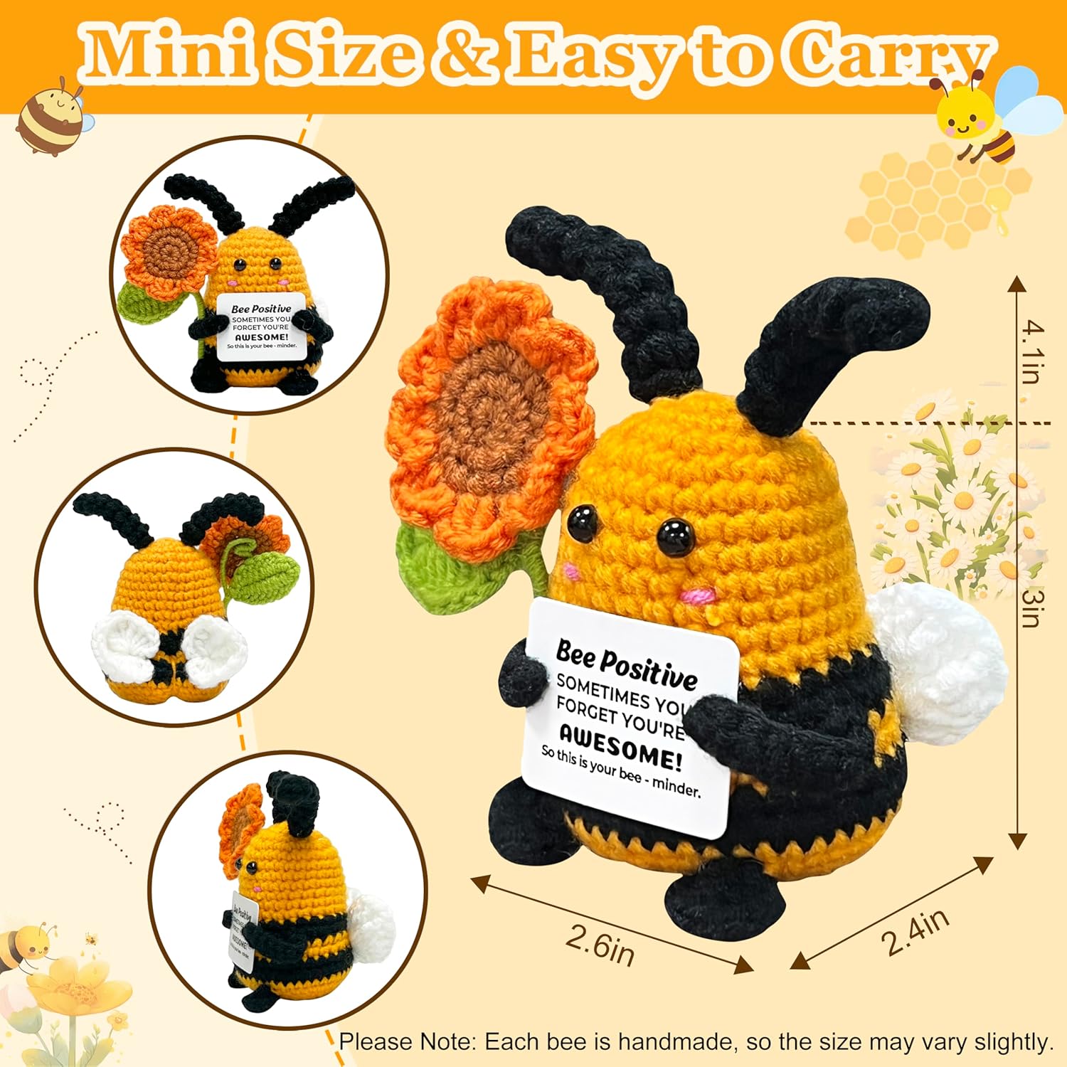 Mini Funny Bee Positive Crochet Animals - Valentines Day Birthday Gifts for Women Men Teens, Cheer Up Appreciation Gifts for Coworkers, Husbands, Friends, Handmade Emotional Support Crochet Bee Decor - Image 7
