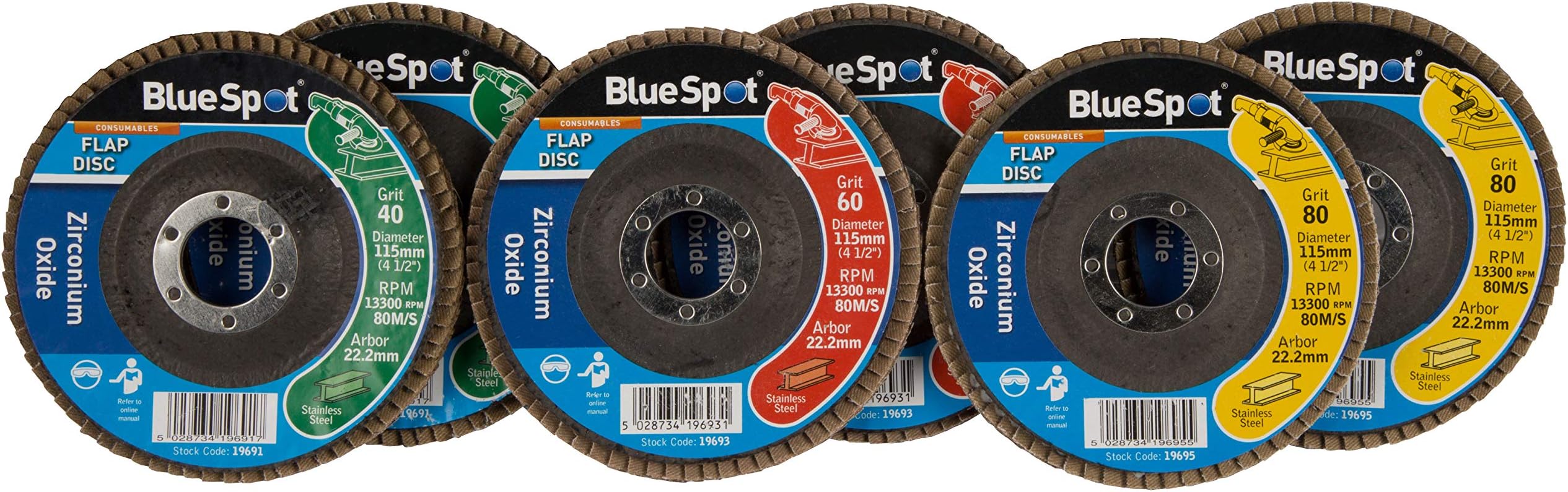 Blue Spot 19689 2 x 40/2 x 60/2 x 80 Grit Zirconium Flap Discs - Black (6-Piece)