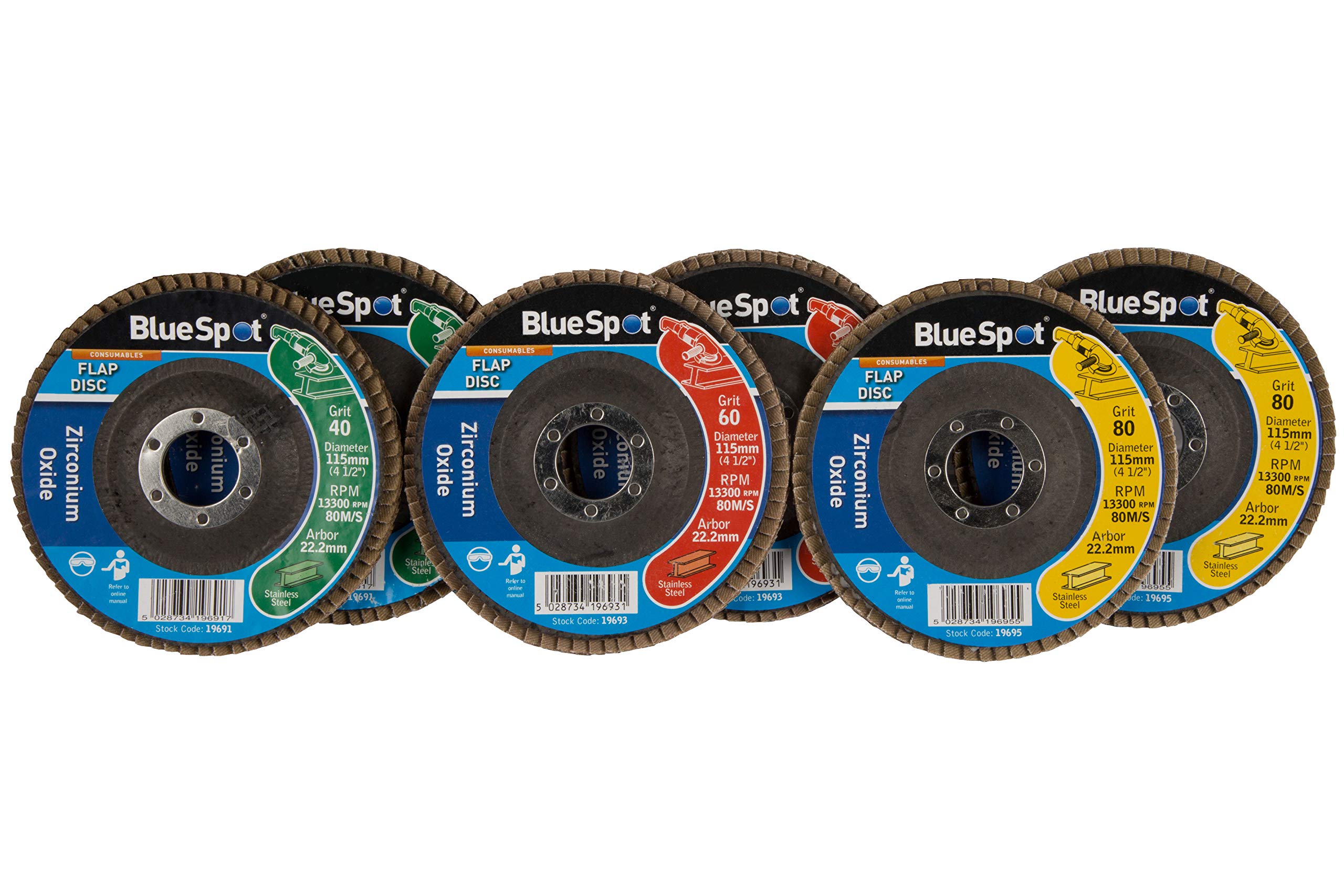Blue Spot 19689 2 x 40/2 x 60/2 x 80 Grit Zirconium Flap Discs - Black (6-Piece)