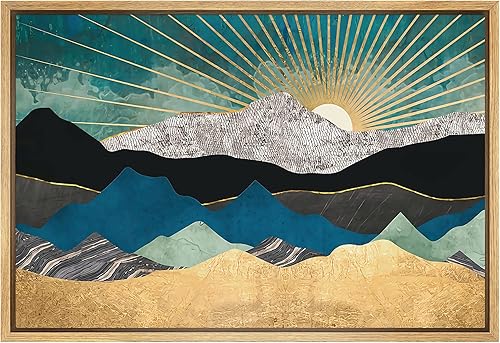 SIGNFORD lienzo enmarcado para pared, ilustración dorada y verde azulada con cadena montañosa y luz solar, arte moderno para sala de estar,