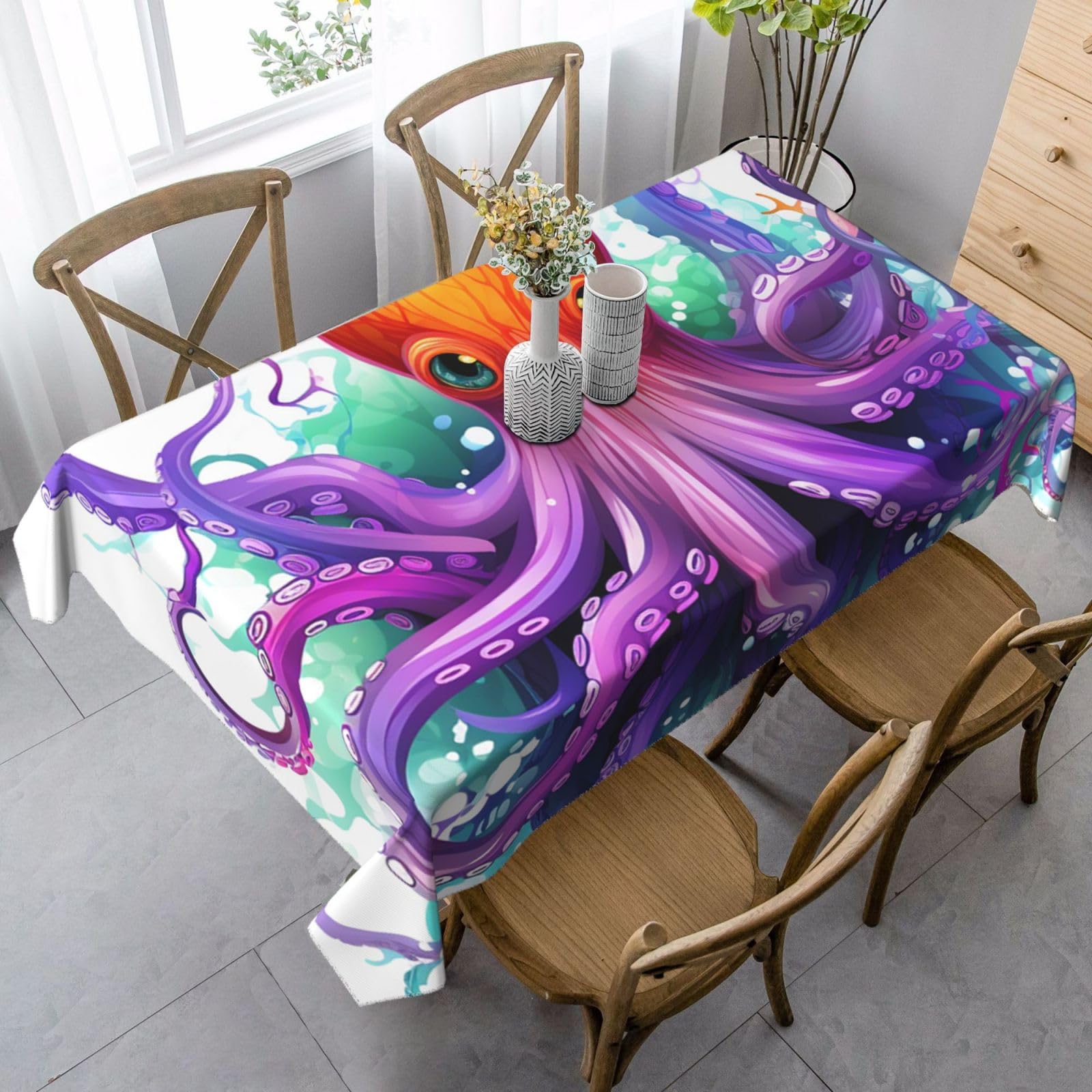FodPand 35x55 Inch Tablecloth Stain and Wrinkle Resistant Table Cover Rectangular Washable Kitchen Table Cloth for Dinning Room Picnic Patio Party Decor, Colorful Octopus
