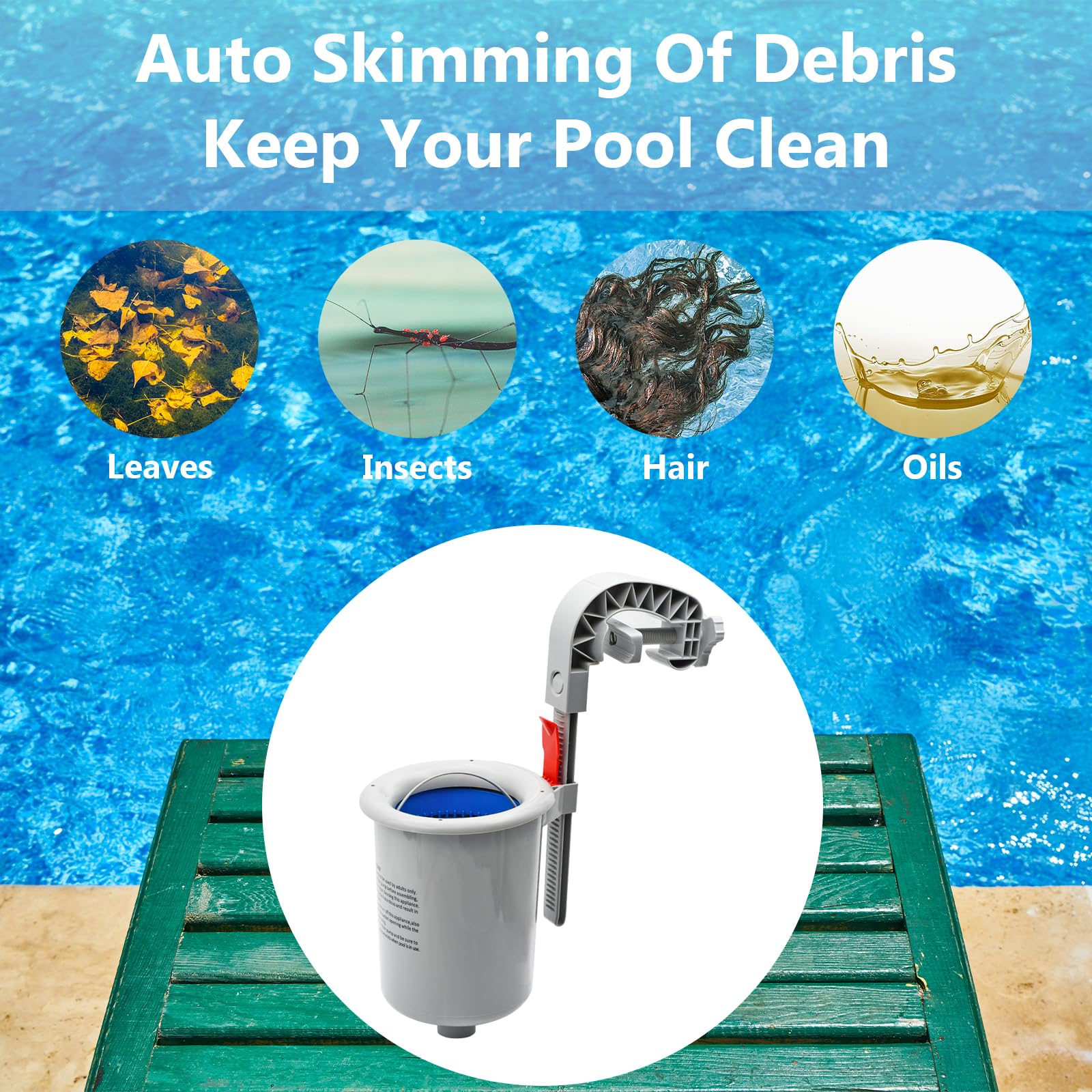 Skimmer de superficie de piscina sobre el suelo con cesta de skimmer desmontable, filtro flotante de piscina automático, skimmer de superficie de montaje en pared para collares inflables, marco de