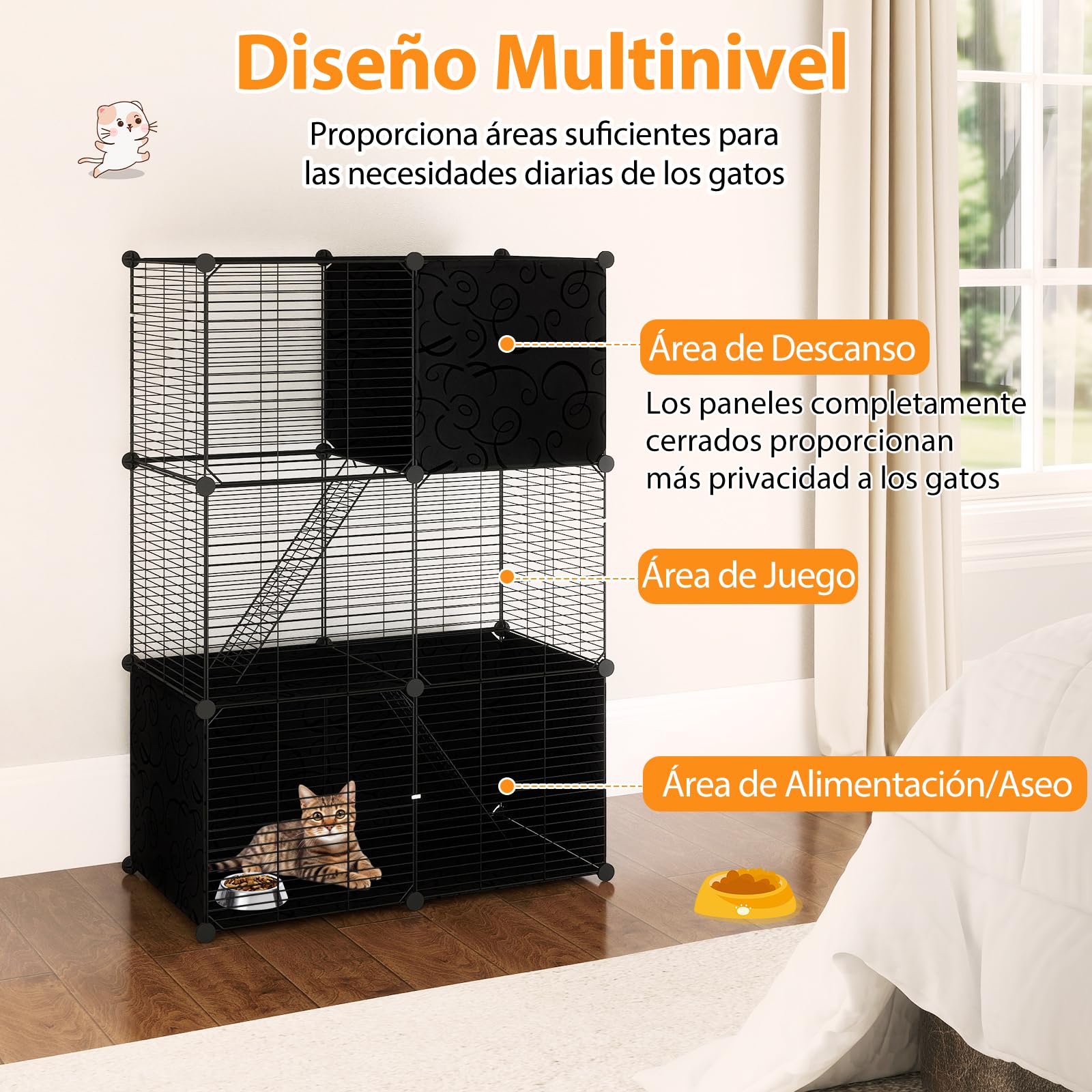COSTWAY Jaula Grande para Gatos, Recinto para Gatitos de 3 Niveles de Alambre Metálico para Interiores, Parque de Metal para Gatos, Corral para Mascotas para Pequeños Animales, 74 x 47 x 110 cm
