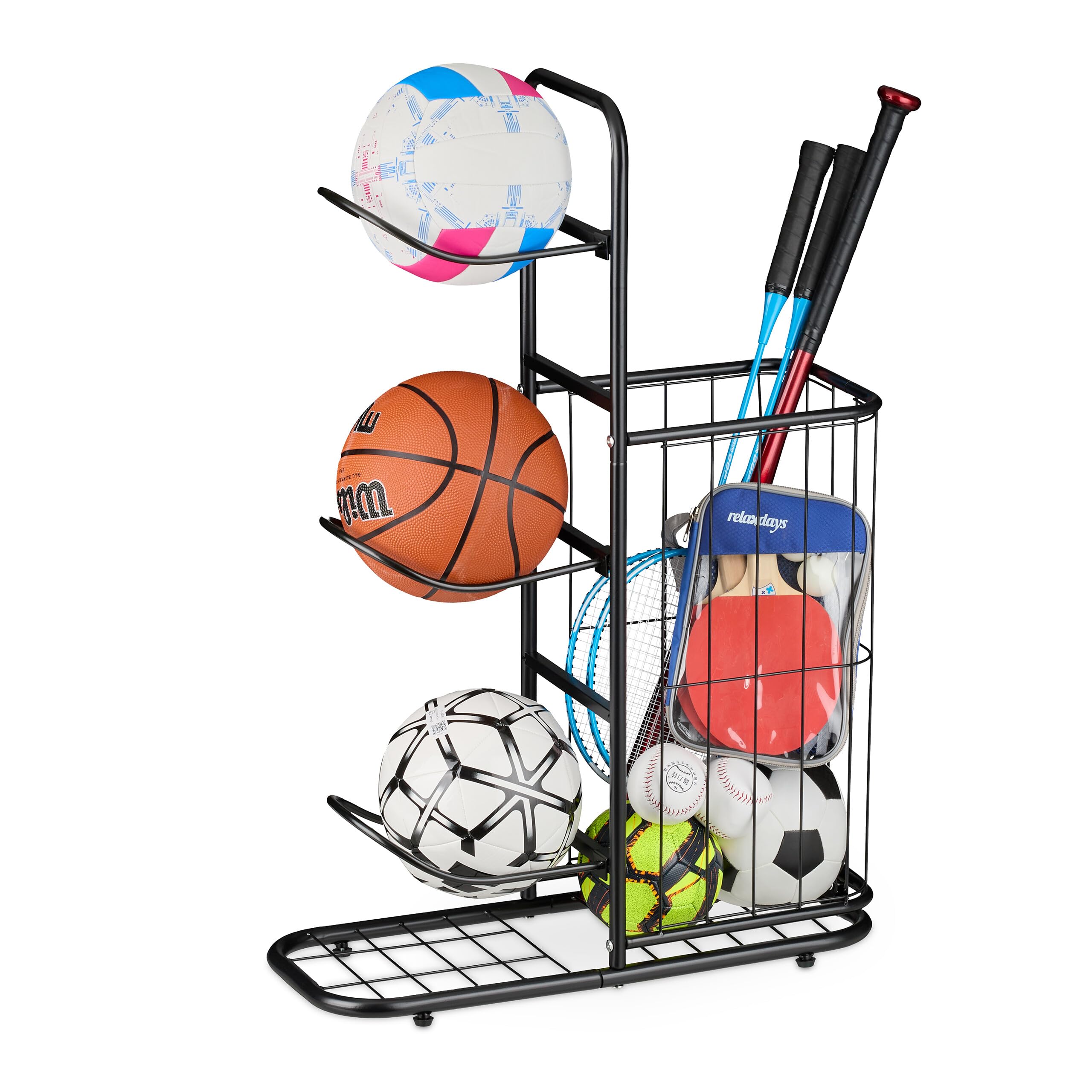Relaxdays Soporte para Pelotas, 3 Baldas Desmontables, Bolas Baloncesto, Fútbol, Estantes con Cesta, Metal, Negro
