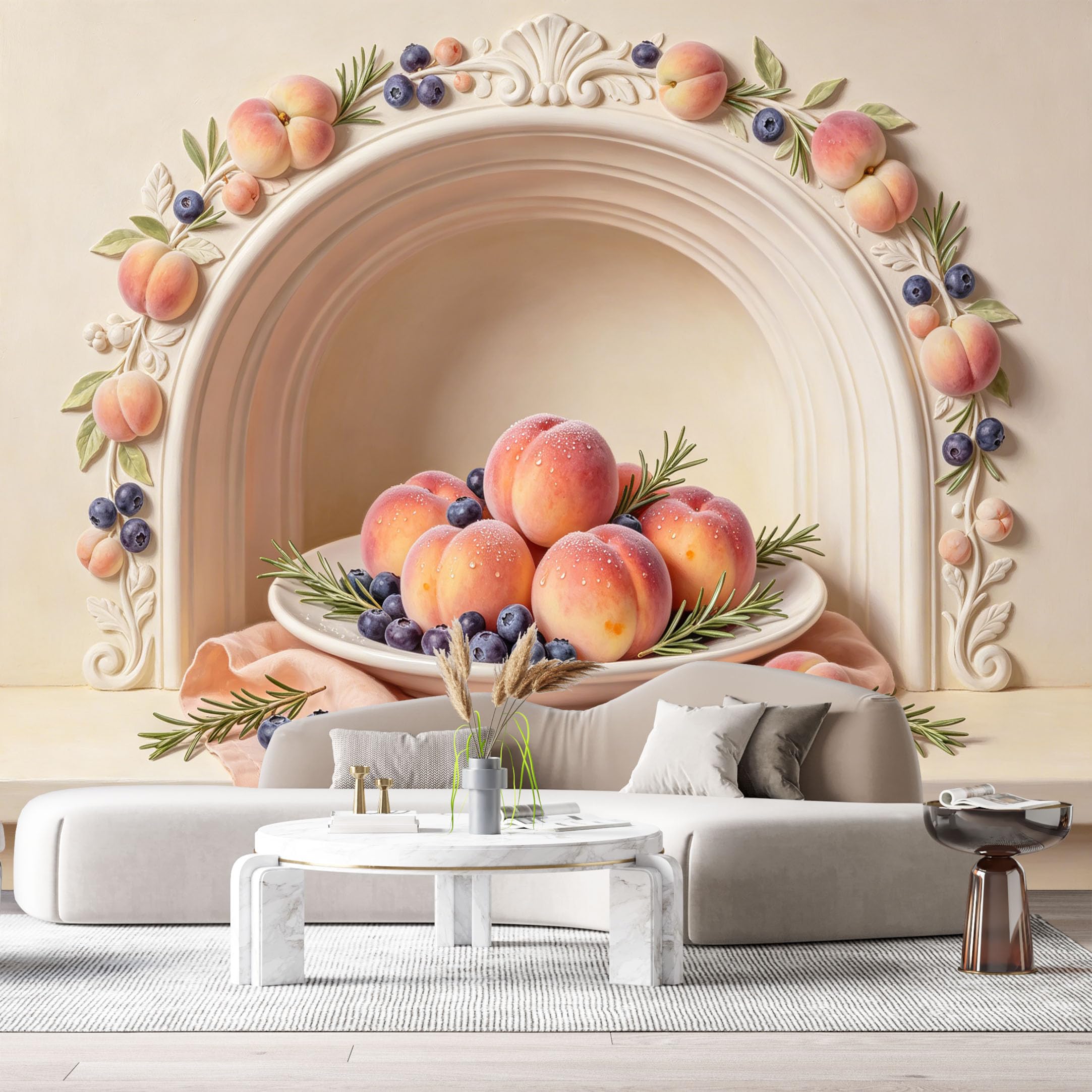 Custom Size Wall Murals Peach Blueberry Still Life Oil Painting 3D Trompe L'Oeil SelfAdhesiveWall Fabric Removable Wallpaper Wall Decor for Living Room Bedroom Bathroom