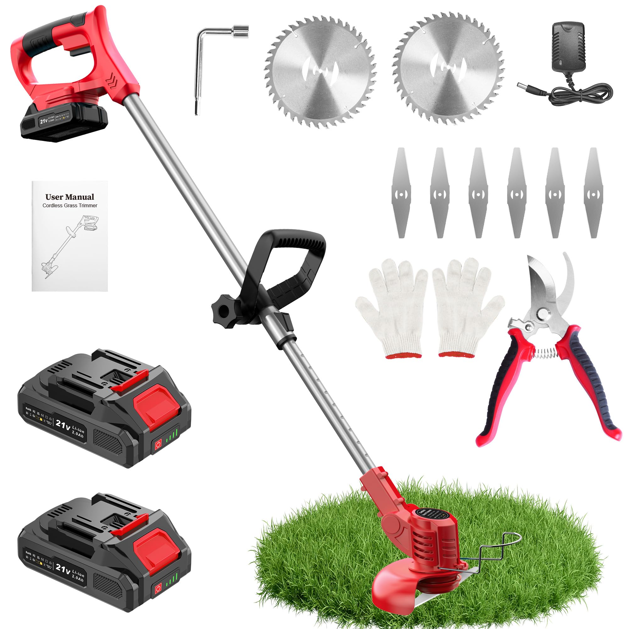 Cordless Grass Trimmer 21V, Bamse Garden Strimmer with 2 Batteries 2.0Ah, 6 Metal Blades, 2 Circular Saw Blades, Adjustable Handle, Telescopic Tube, Strimmer Cordless Ideal for Lawn Garden Pruning