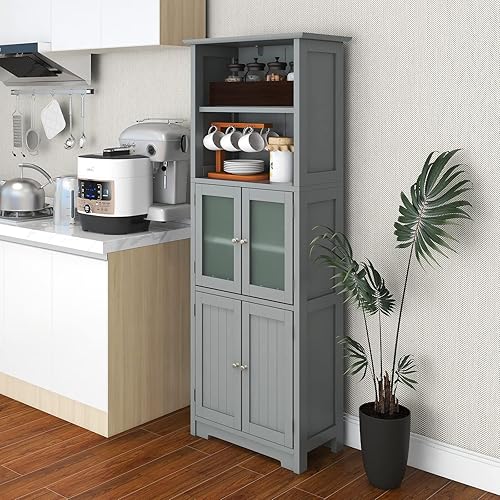 Miniatura 2 de LOKO Armario alto de baño, organizador de almacenamiento moderno con puertas y estantes abiertos, armario de piso de madera con estantes ajustables