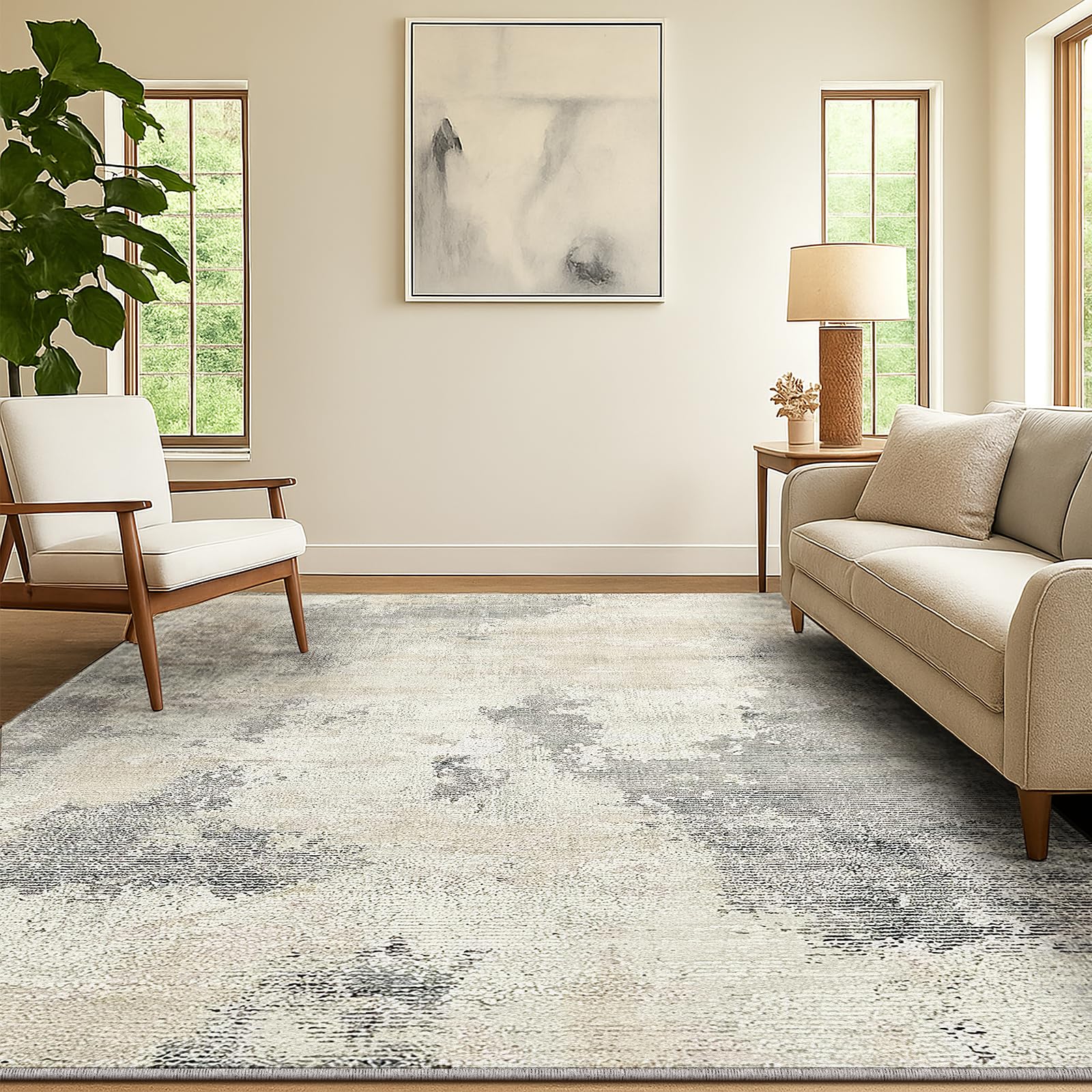 SOANNY Living Room Rug, 140x200 cm Modern Abstract Low Pile Area Carpet, Non-Slip Washable Mat for Bedroom, Hallway, Kitchen, Laundry, Entryway, Utility, Beside Sofa, Office, Beige Grey — image 1