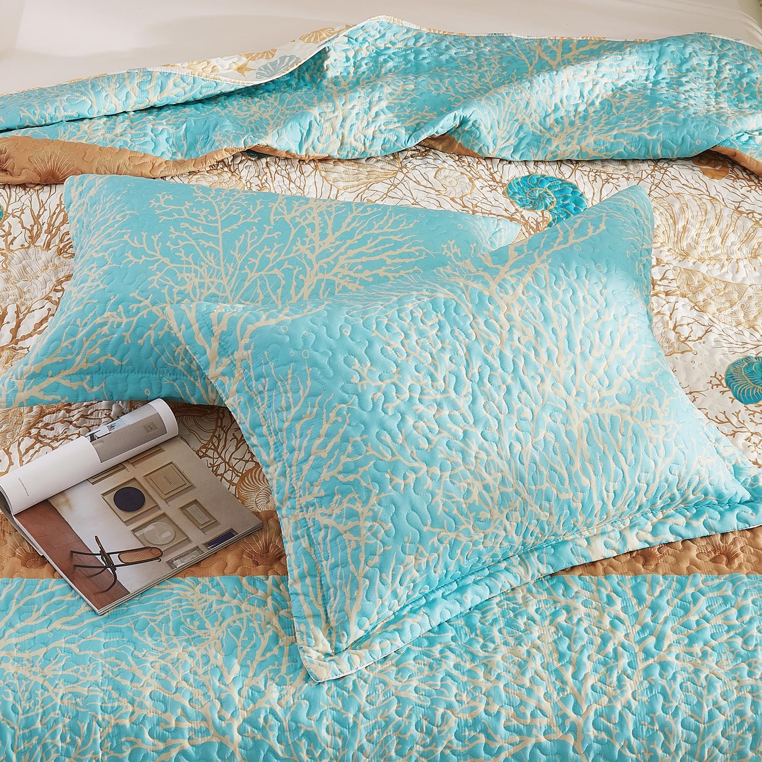 3 Pieces Coastal Quilt Sets Queen Size-Ocean Theme Coral Shell Starfish Conch Pattern Printed Quilt,Reversible Beach Bedding Set,Summer Soft Lightweight Nautical Bedspread Coverlet(Queen 92"x96")