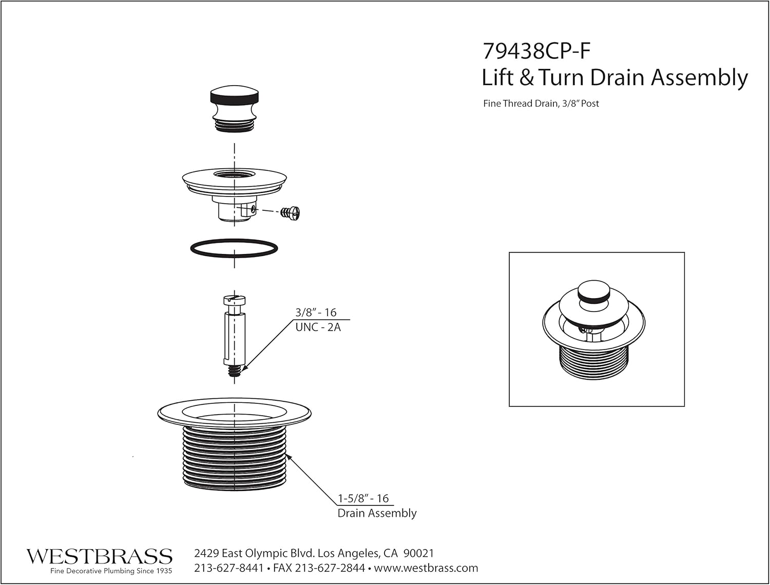 Westbrass 1-1/4" NPSM (1-5/8"-16 UNC-2A) Fine Thread Twist & Close Bath Drain Plug, Chrome, 79438CP-F : Home & Kitchen