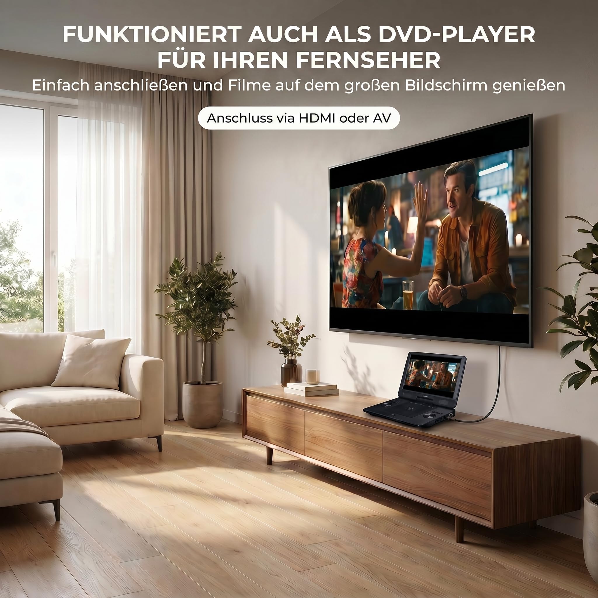 Lenco BRP-1150BK - DVD Player - Tragbarer DVD Player - DVD Player Auto | BRP-1150 - 11,5” drehbarer TFT Bildschirm - 1024 x 600 - Akku - KfZ-Adapter - USB Eingang - AV-Out