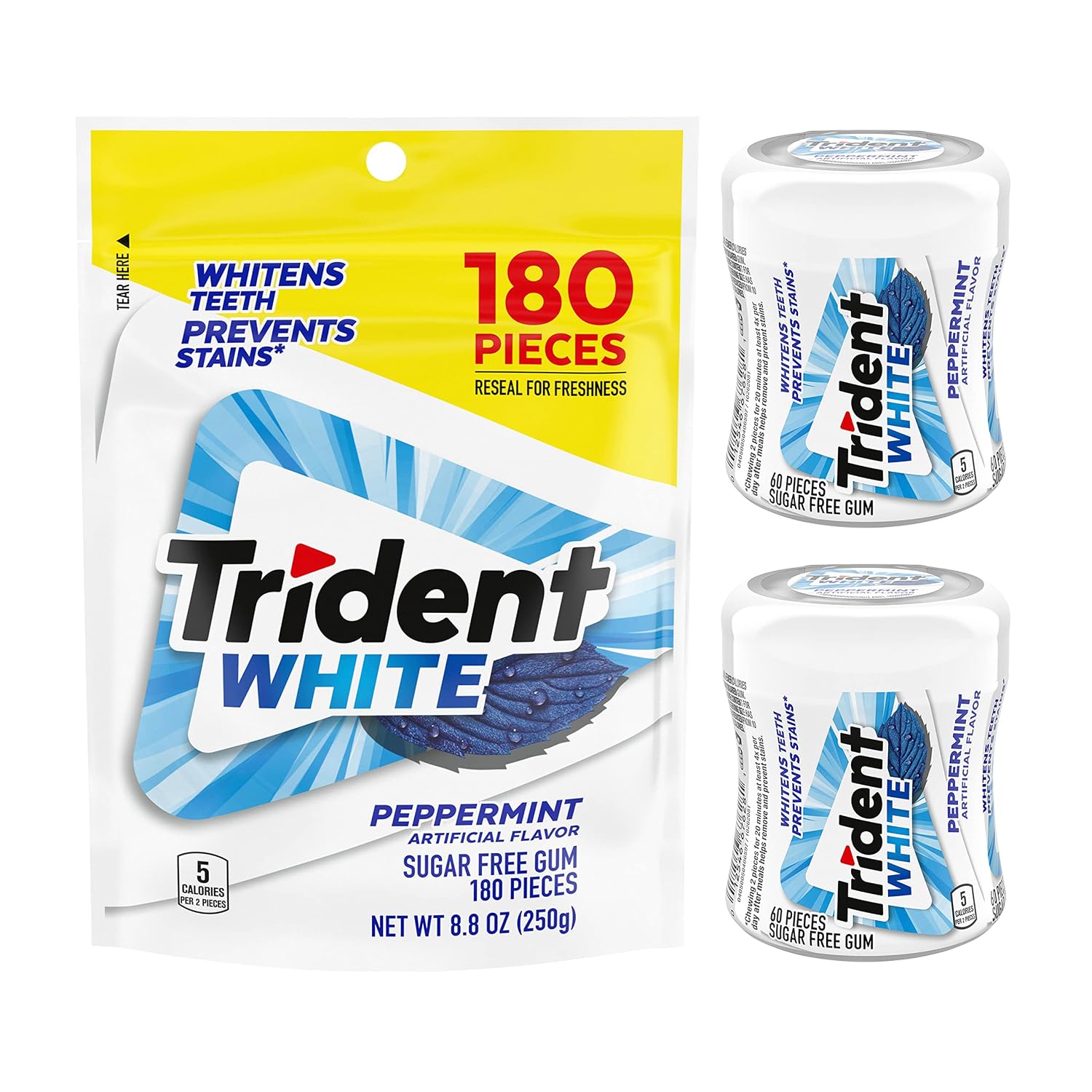 Trident White Peppermint Sugar Free Gum, 2-60 Piece Bottles + 180 Piece Refill (300 Total Pieces)
