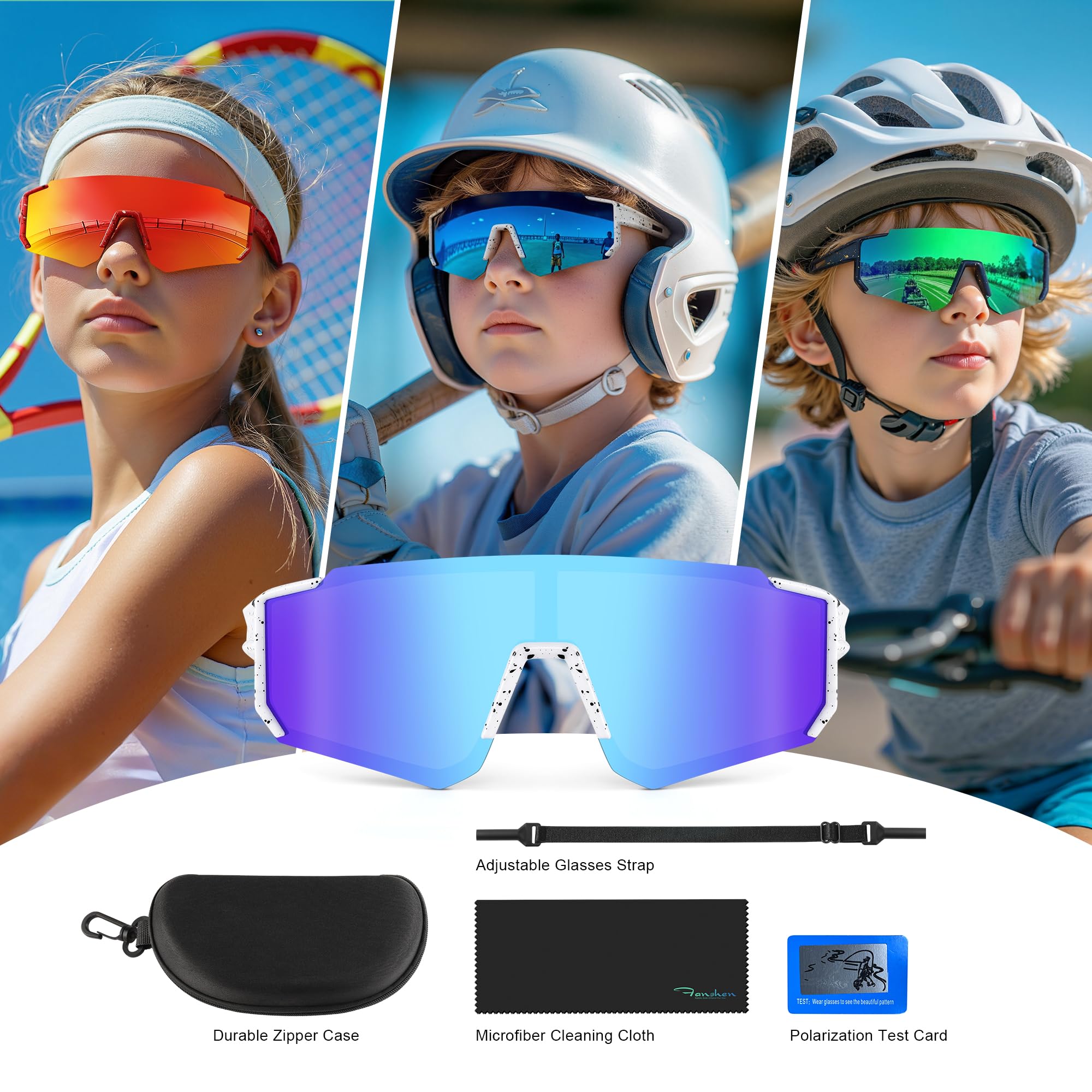 Fanshen Gafas de sol de béisbol para niños y niñas de 3 a 12 años, polarizadas, deportivas, juveniles, béisbol, sóftbol, protección UV