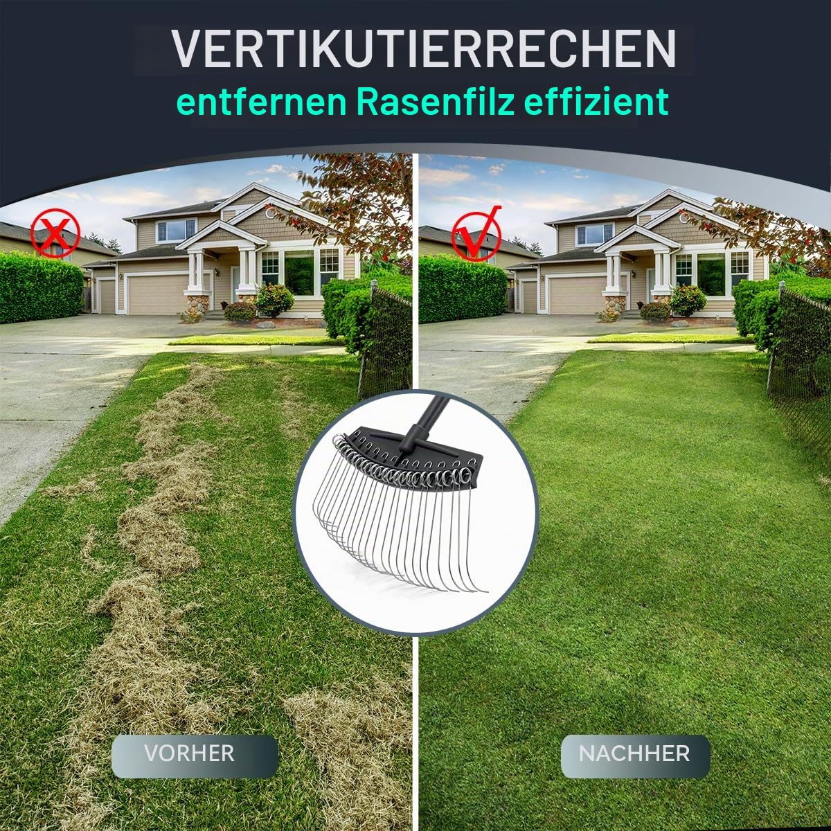 Colwelt Vertikutierer Rechen mit Federstahlzinken 156 cm Stahlgriff für Rasen Tannennadeln