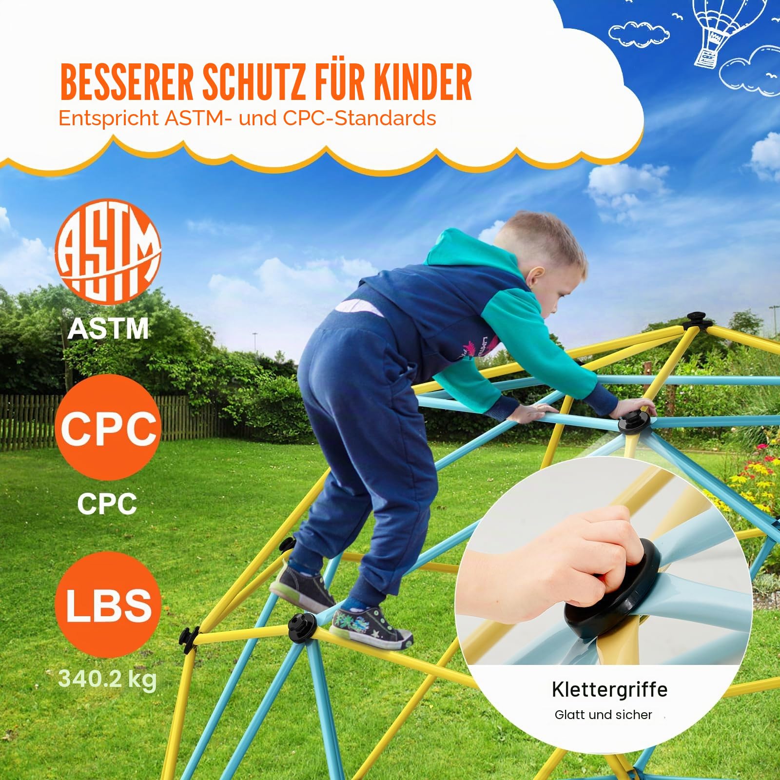 VEVOR Kletterkuppel, 3,66 m geometrisches Kuppel-Kletterspielzentrum für Kinder von 3 bis 10 Jahren, Klettergerüst 340 kg Tragfähigkeit, mit Klettergriff, Outdoor-Spielgerät Garten Hinterhof