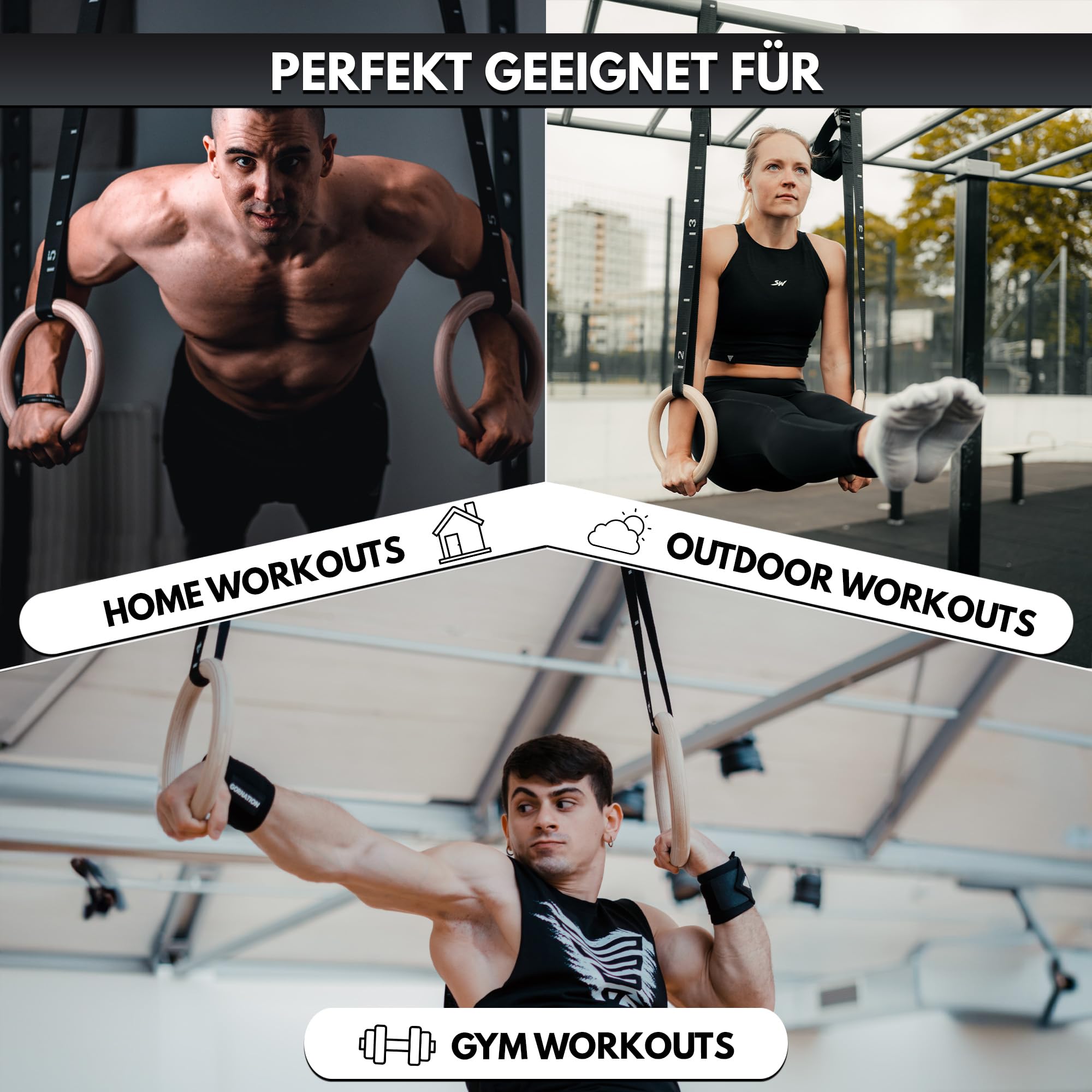 GORNATION Turnringe Holz, Gym Rings, Calisthenics Ringe, Turnen, Fitness, Olympische Gymnastikringe + Befestigungsgurte mit Markierungen & Tasche für Indoor & Outdoor Training