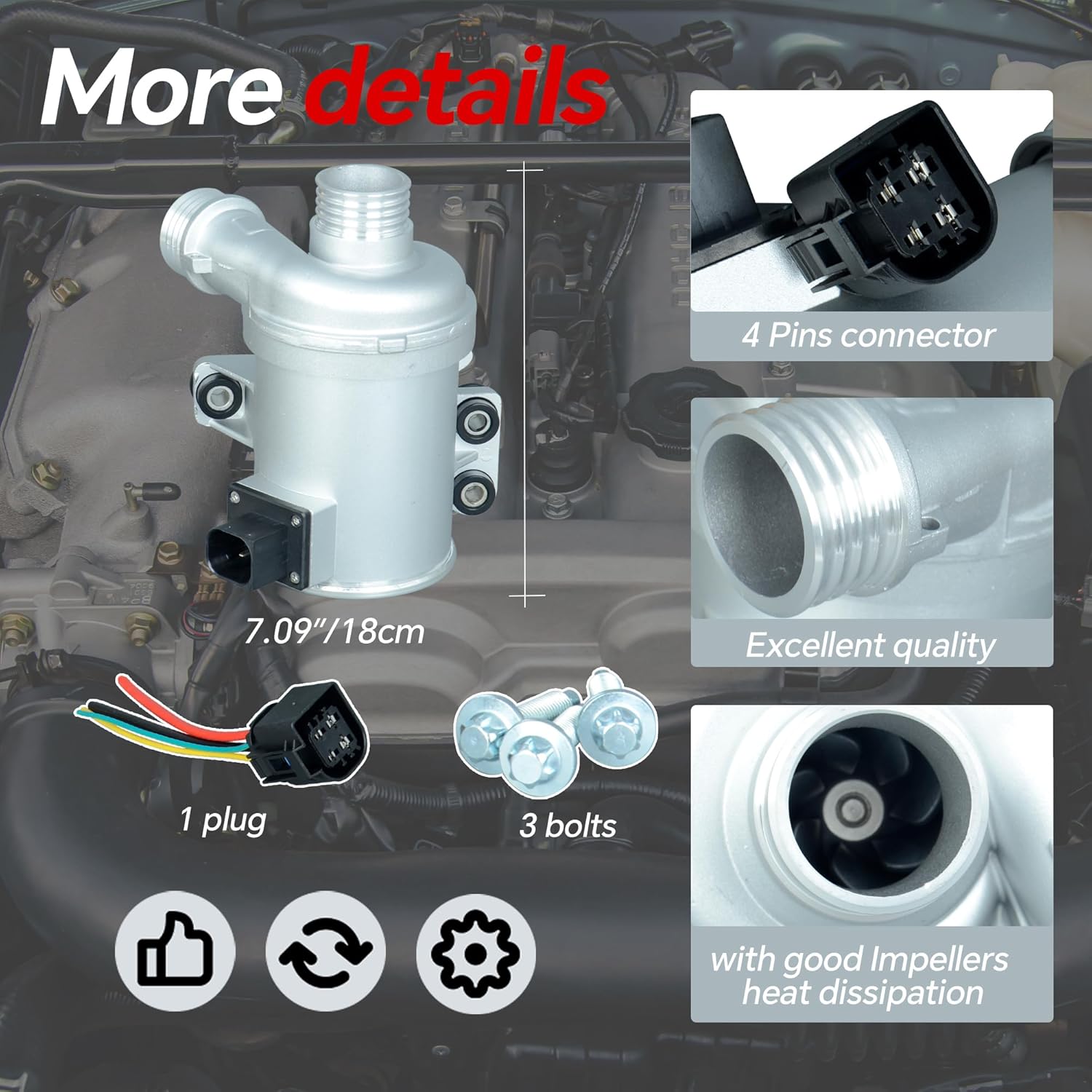 11517604027 Electric Engine Water Pump with Bolts Plug Compatible with BMW Z4 X1 X3 X4 X5 220i 228i 325i 328i 328i GT xDrive 428i xDrive 520i 528i 2.0L Replace OE 11518635089 11518625097