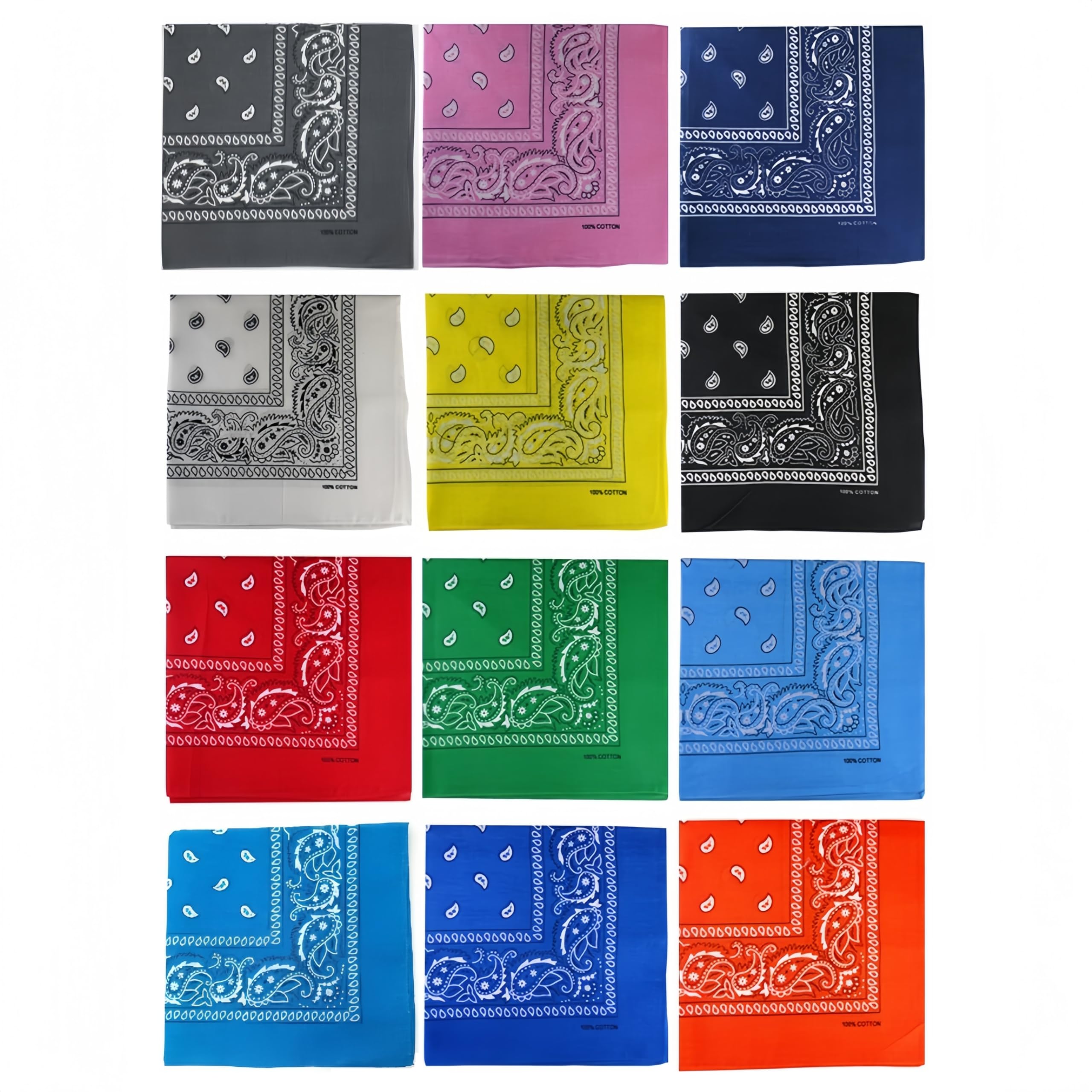 Assorted Colors Paisley Cowboy Bandanas 12 Pack 22 Inch Thick Cotton Kerchiefs For Men Women