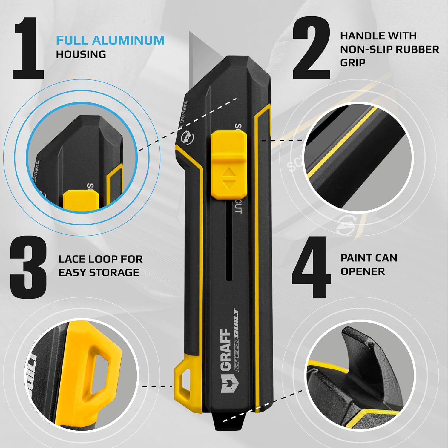 Scraper Utility Knife 4-in-1 Heavy Duty – Retractable Box Cutter, Folding Knife & Scraper Knife – SK5 Carbon Steel Trapezoidal Blades – Carpet & Drywall Cutter with 5 Extra Blades GRAFF