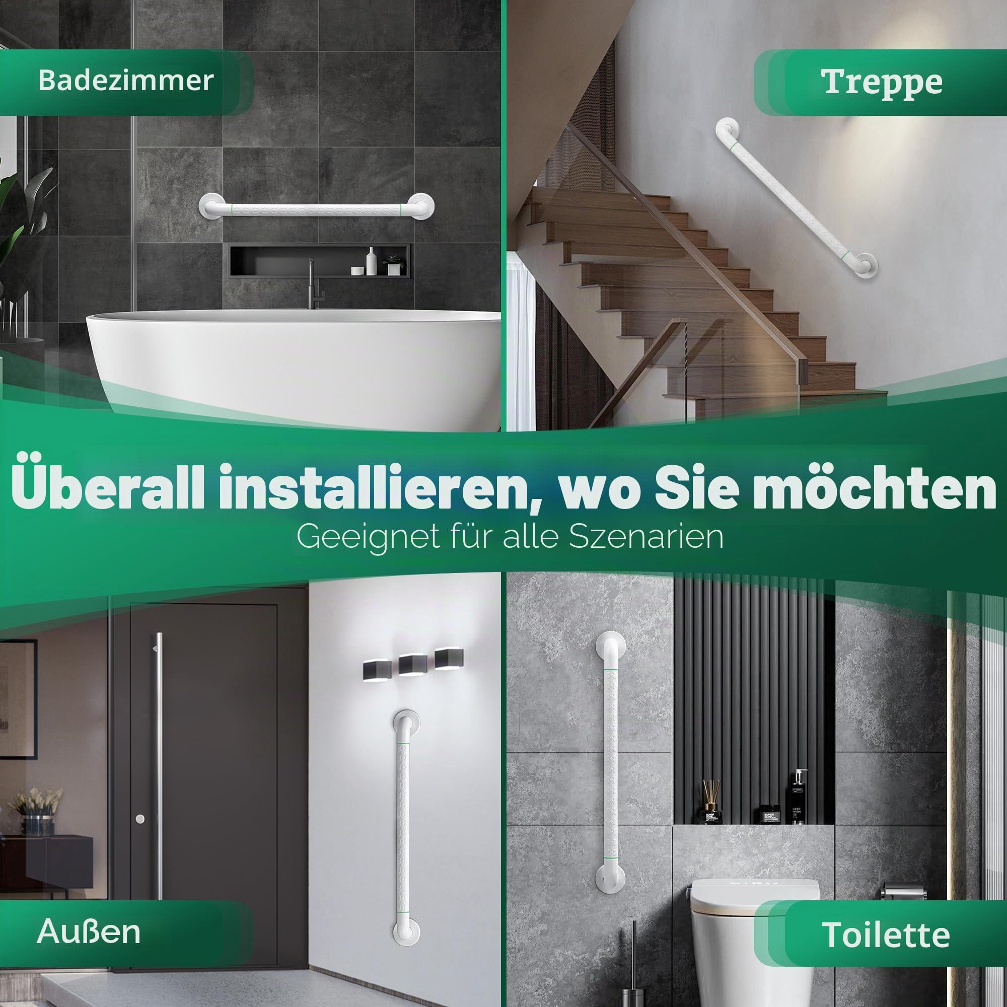 Fanwer 2er Pack Anti-Slip Badezimmer Griffschiene, Weißer Edelstahl-Duschhandlauf, Sicherheitsgriffschutz für Senioren, Kinder und Menschen mit Behinderungen (24 Zoll)