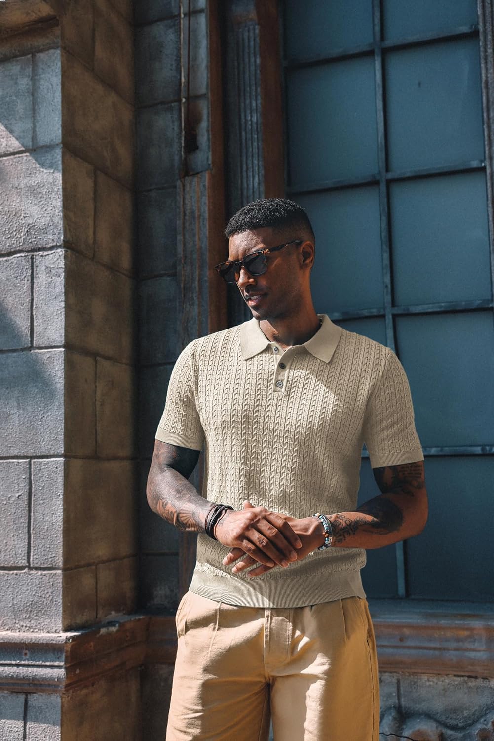 PJ PAUL JONES Mens Knit Polo Shirt Short Sleeve Hollow Out Knit Shirt Texture Knitted Polo - Image 4