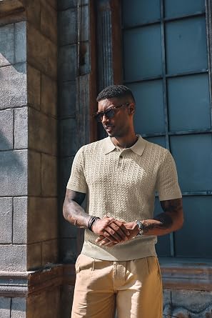 PJ PAUL JONES Mens Knit Polo Shirt Short Sleeve Hollow Out Knit Shirt Texture Knitted Polo