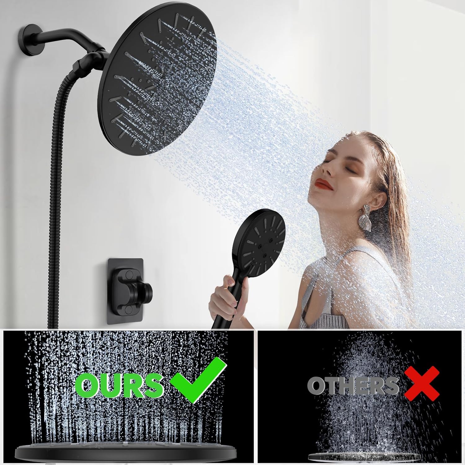 9 In Rain Shower Head with Handheld Wand, High Pressure Shower Heads With Handheld Spray Combo, 3+1 Easy Switch Modes Spray, 71 Inches Stainless Steel Hose, Matte Black