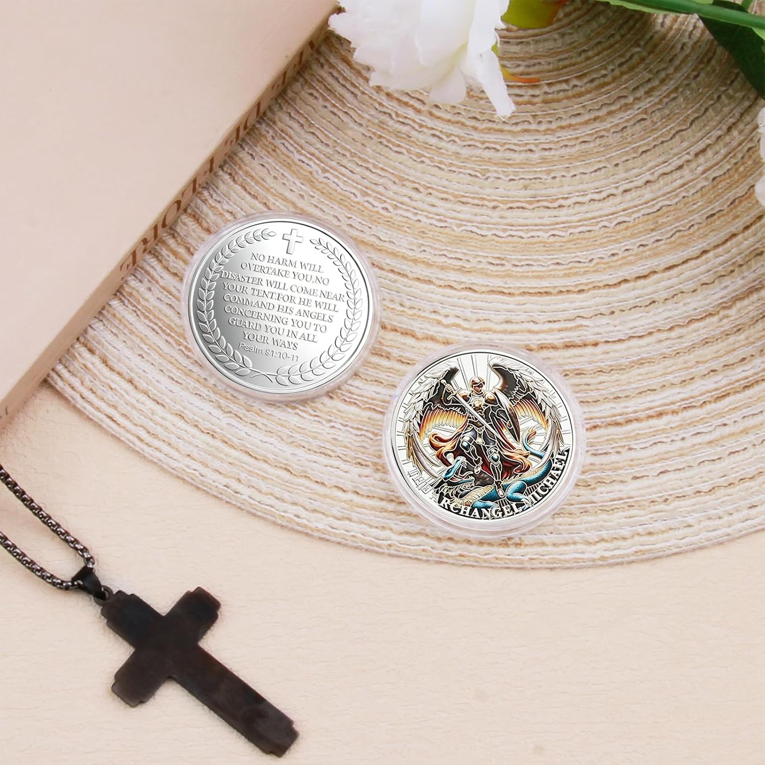 The Archangel Michael Watches Over Us Challenge Coin with Psalm 91:10-11, Religious Collectible Coin for Military, Police, Christian Gifts, Includes Protective Case (12 Pcs Silver)