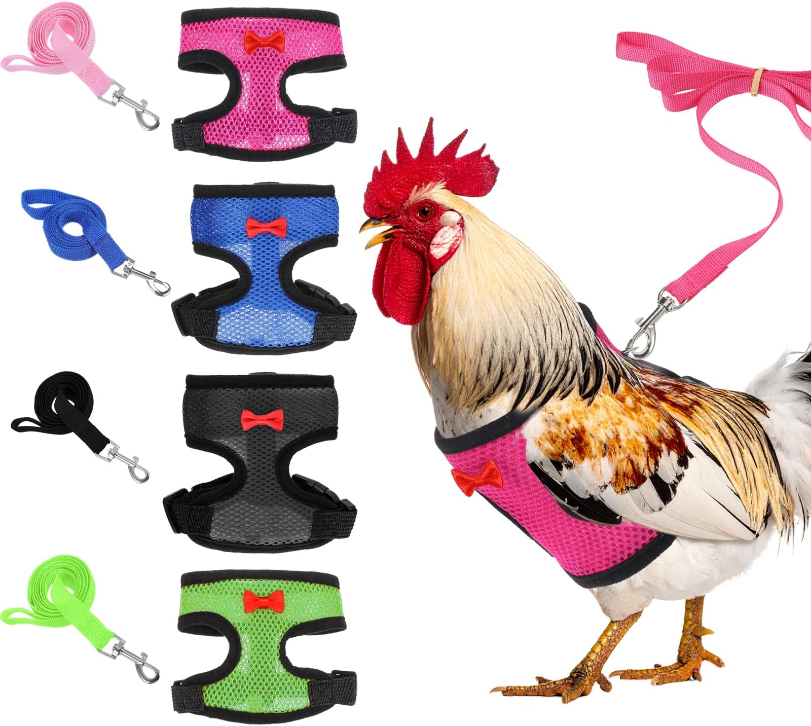 4 Pcs Adjustable Chicken Leashes and Harnesses Set, Double Adjustment Chicken Harness Comfortable Nylon Chickens Vest with 1.1M Leash for Hens, Ducks, Geese, Small Pets (4 Colors, M)