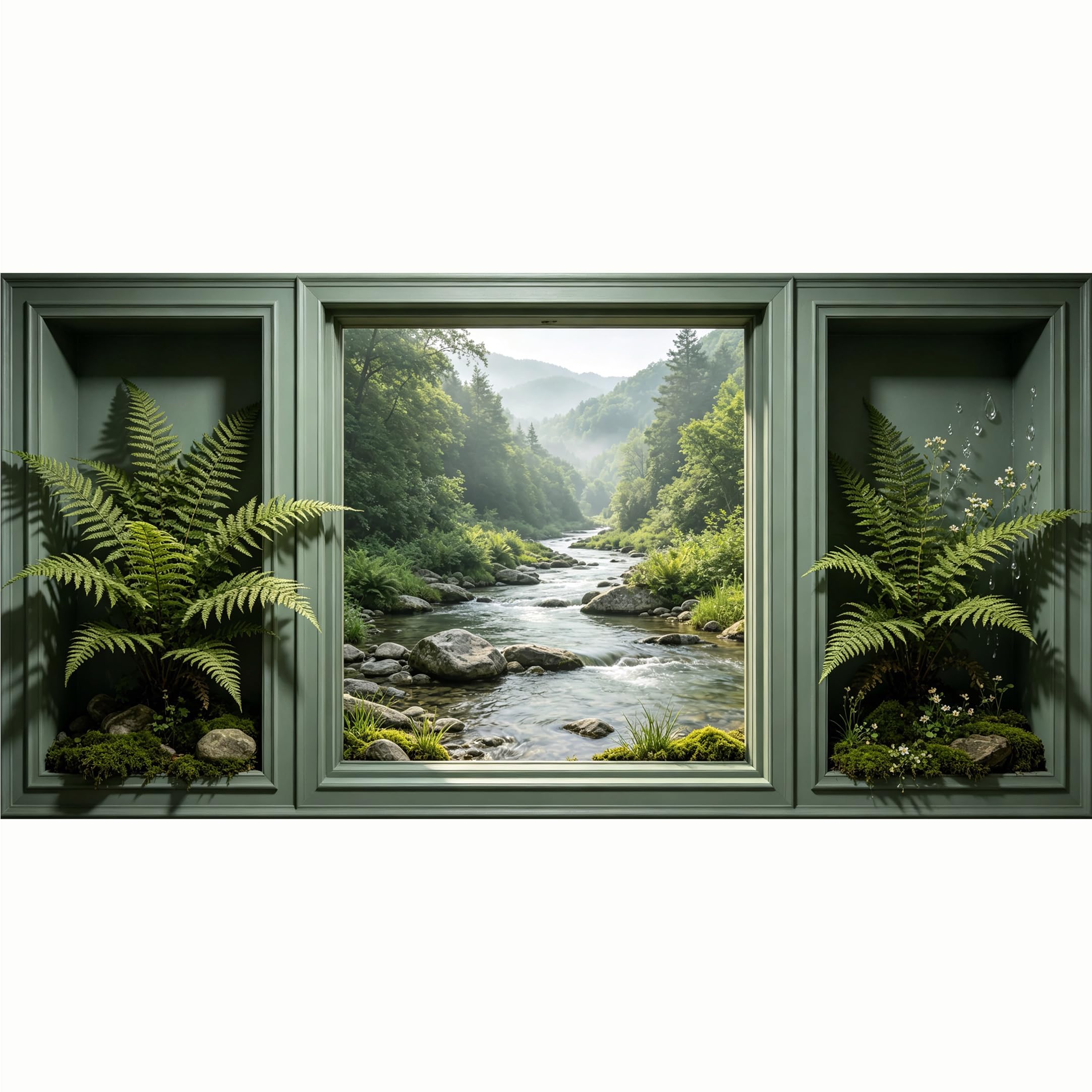 QZLITHOTIC 50x100cm 3D Framed Wall Art， Mountain River Landscape Botanical 3D Trompe l'oeil Self‑Adhesive Mural， Water‑Activated Peel & Stick Fabric Decor Wall Decal for Bedroom Living Room