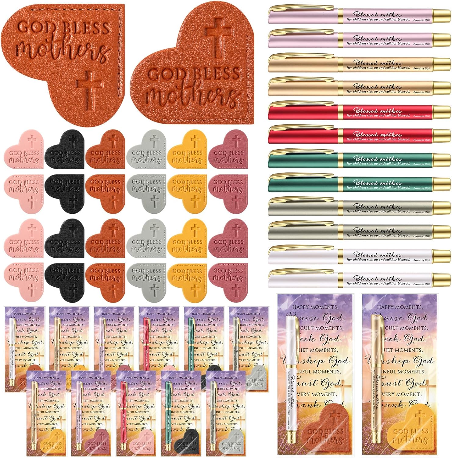 Spakon 50 Sets Mother's Day Christian Gifts for Church Bulk God Bless Mother Bible Verse Leather Heart Corner Bookmarks Pens Motivational Scripture Card Religious Party Favor for Moms Godmother