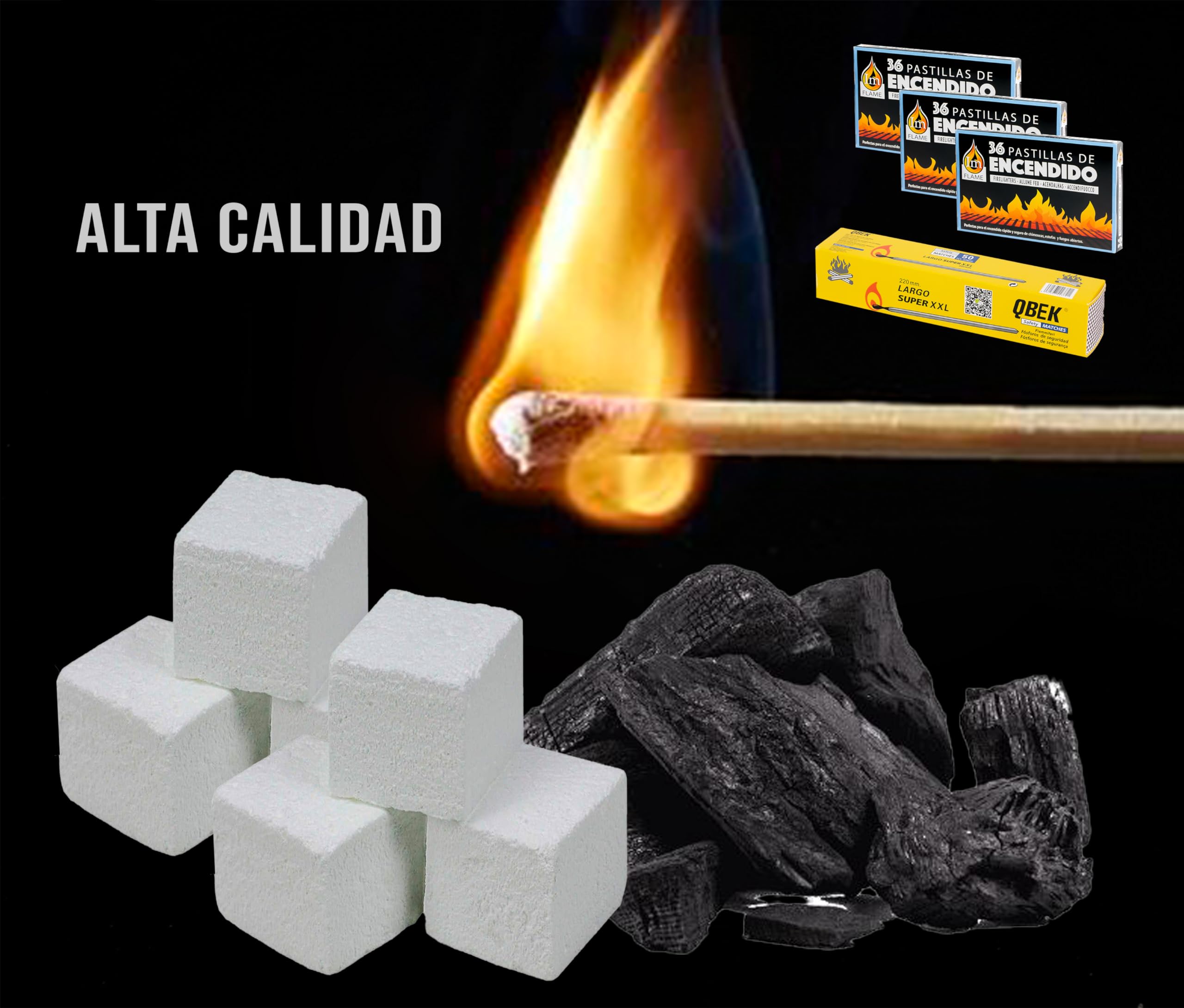 BRICOMIRAS Pastillas Encendido Chimenea con Pack de 50 fósforos para Prender Fuego en chimeneas, barbacoas, hornos de leña, carbón, etc. - Enciende Fuegos fácil y rápido (360 Pastillas + 50 fósforos)