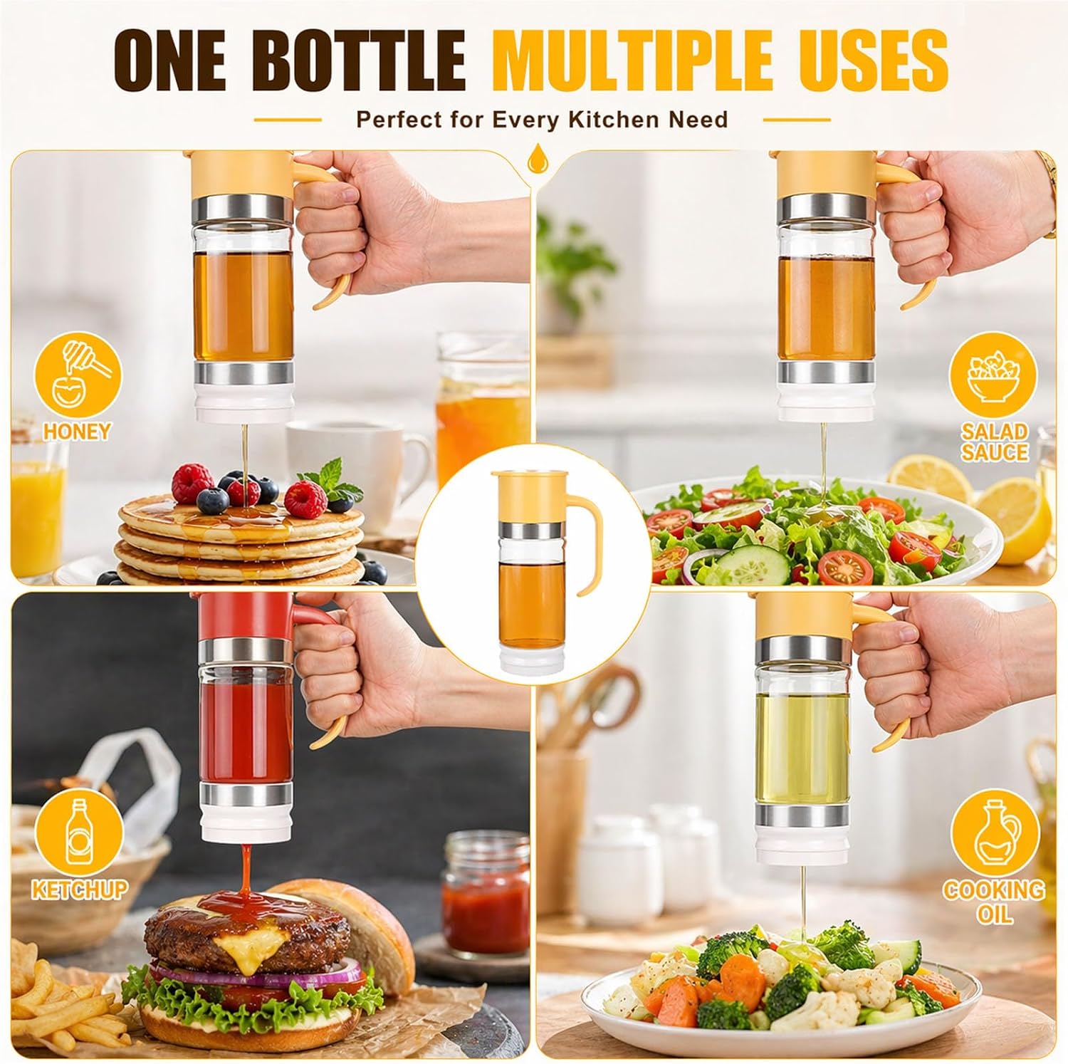 Honey Dispenser No Drip with Base - 12 oz Mess-Free Glass Syrup Jar, One-Hand Control for Coffee, Tea & Pancakes, Easy to Use & Clean, Stylish Kitchen Must-Have (Black, 12 oz)