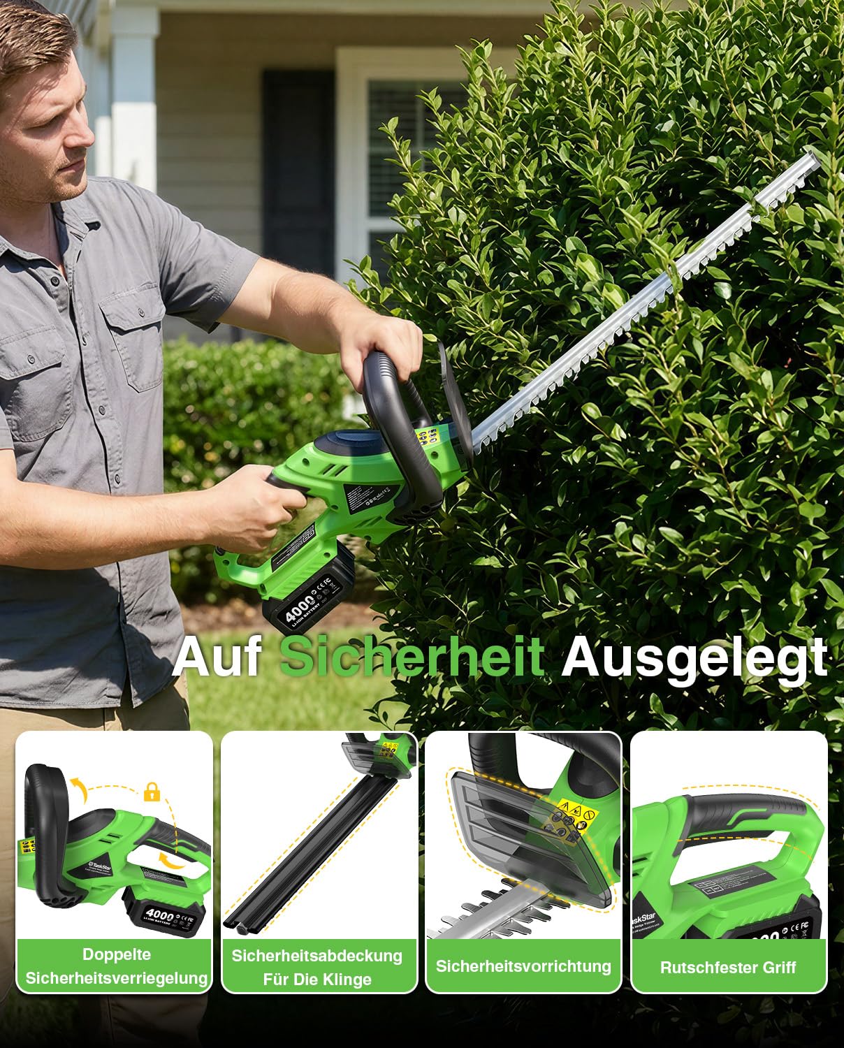 TaskStar Cortasetos Bateria: Cortasetos Electrico con Doble Cuchilla De 56 cm, Potencia De 600 W, 2×4,0 Ah Baterías, Potente para El Corte De Setos Y Arbustos